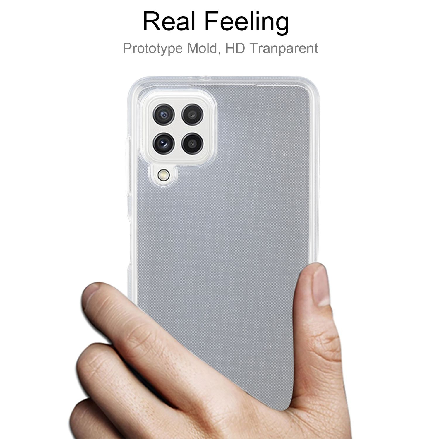 Eine Hand hält ein Telefon mit einer durchsichtigen Hülle, die die Rückseite mit vier Kameralinsen zeigt.