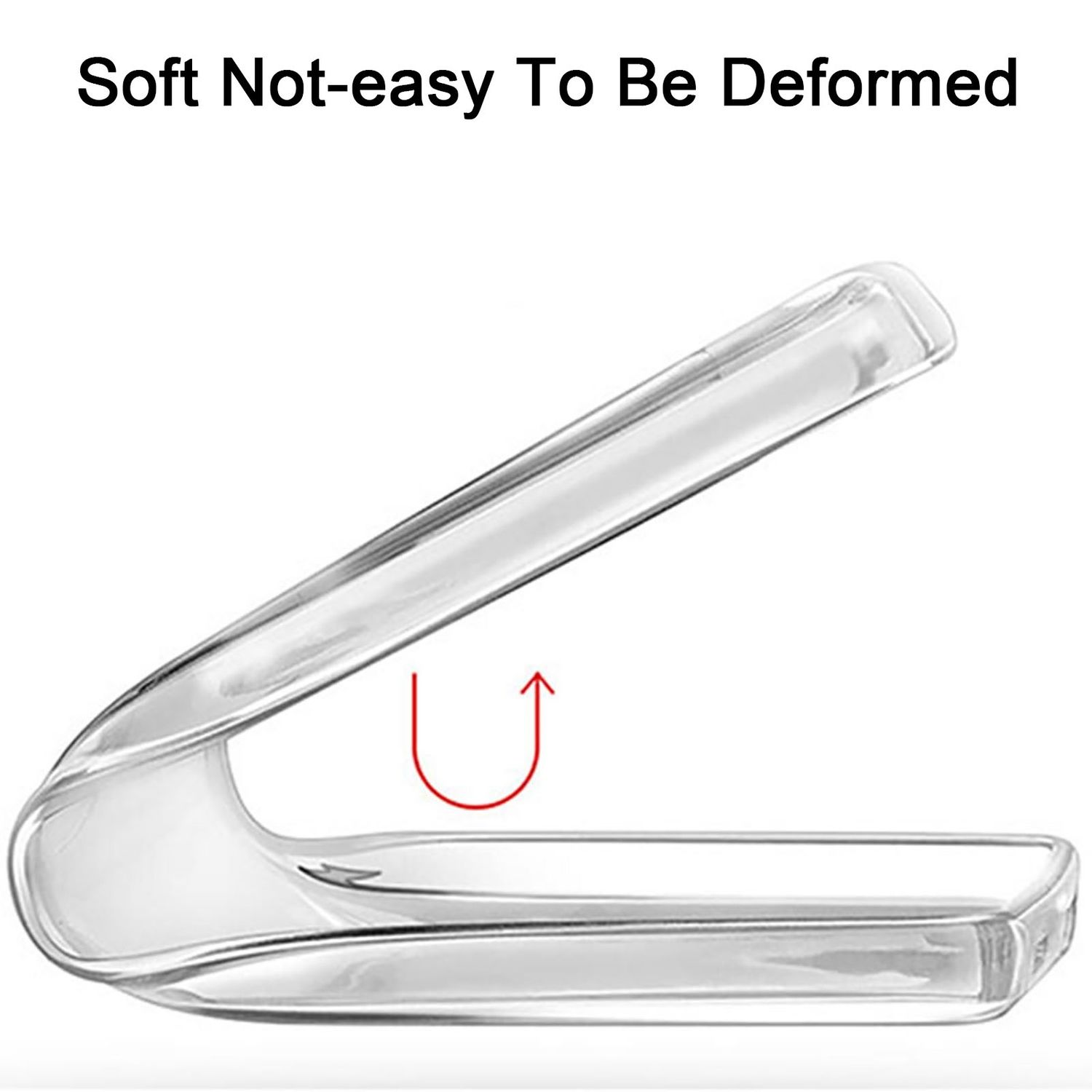 Eine transparente, flexible Handyhülle, die gebogen ist, um ihre Flexibilität zu zeigen, mit einem Pfeil nach oben.