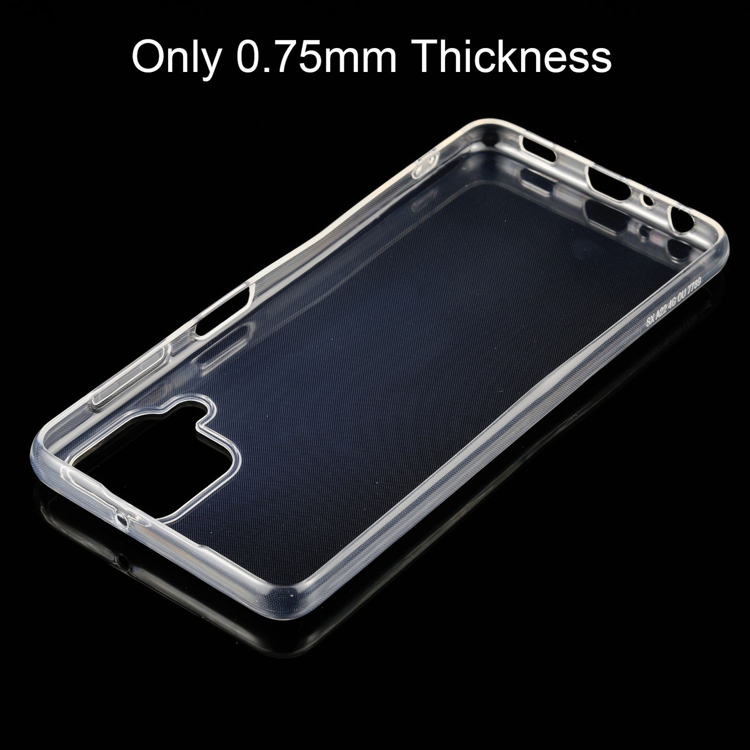 Transparente Handyhülle. Eine transparente Hülle mit Gittertextur, Text: 'Only 0.75mm Thickness'.
