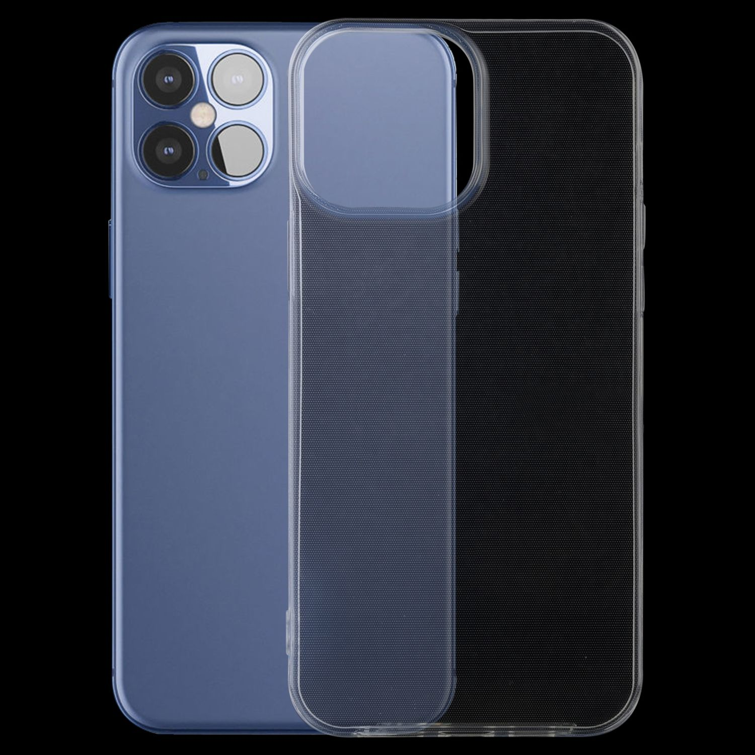 Blaues Telefon mit einer transparenten Hülle auf schwarzem Hintergrund, Hülle getrennt vom Telefon.