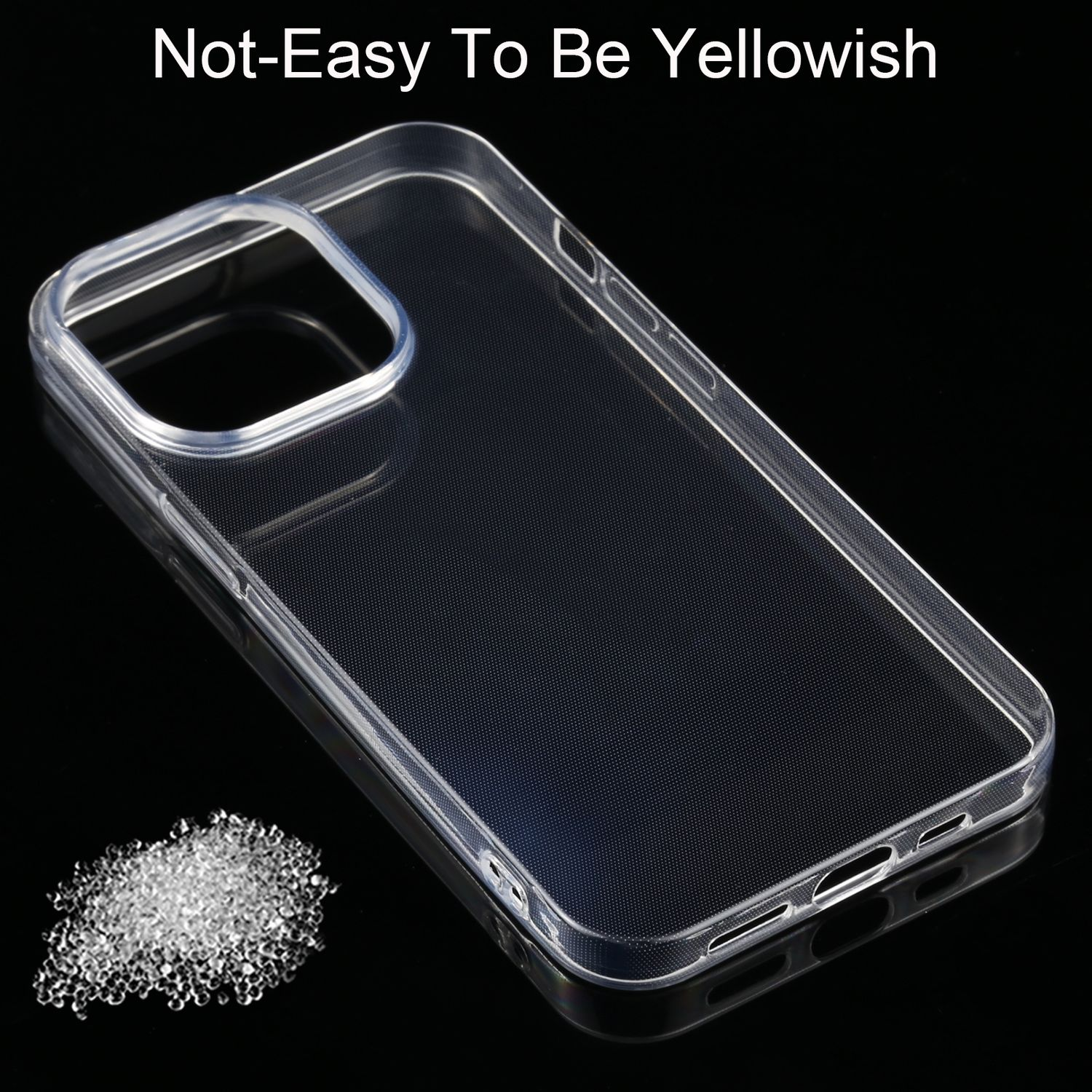 Transparente Handyhülle mit Text 'Not-Easy To Be Yellowish' und kleinen weißen Granulaten auf Schwarz.