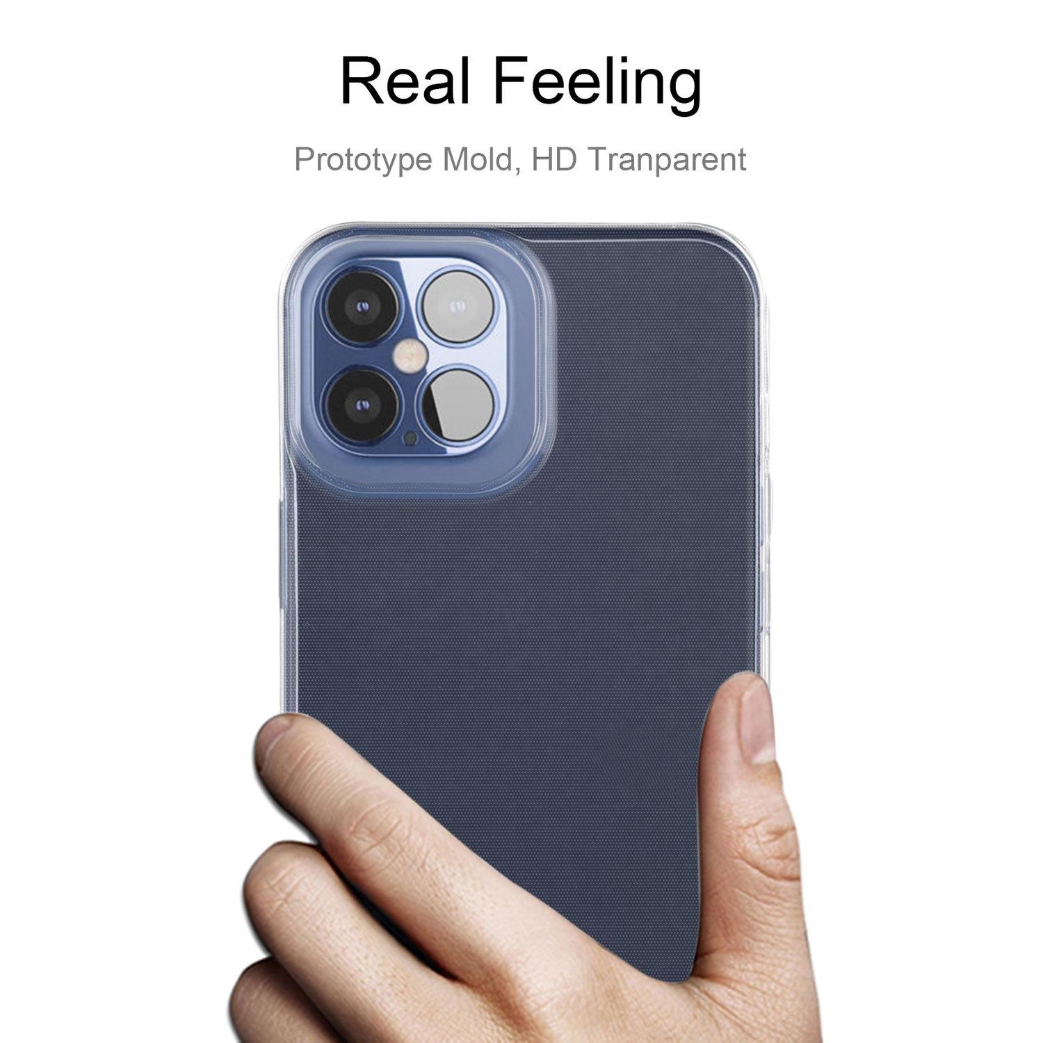 Hand hält eine klare Handyhülle über einem dunkelblauen Telefon mit Text 'Real Feeling'.