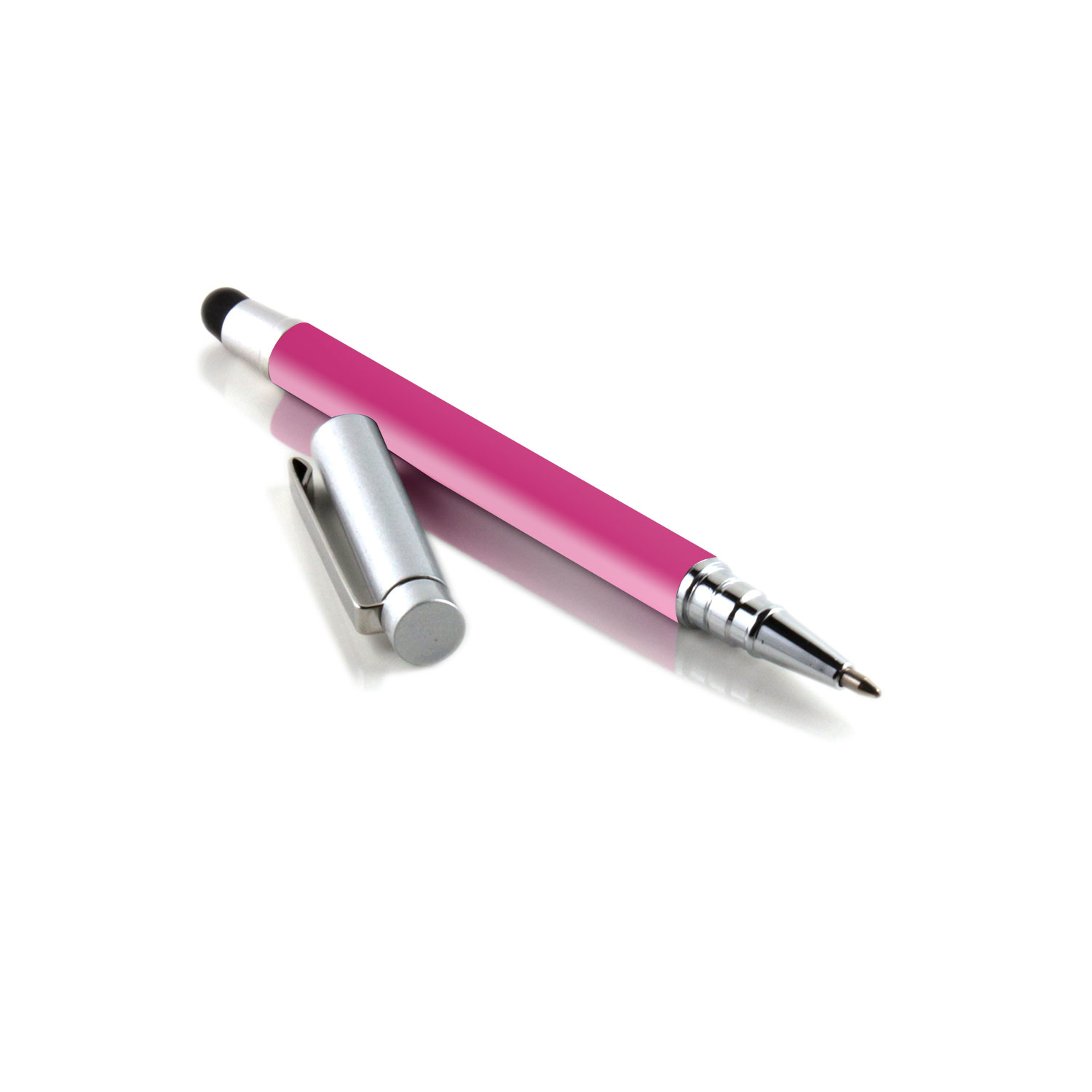 Pinkfarbener Stift mit silberfarbenen Akzenten. Kappe ist ab. Weißer Hintergrund.