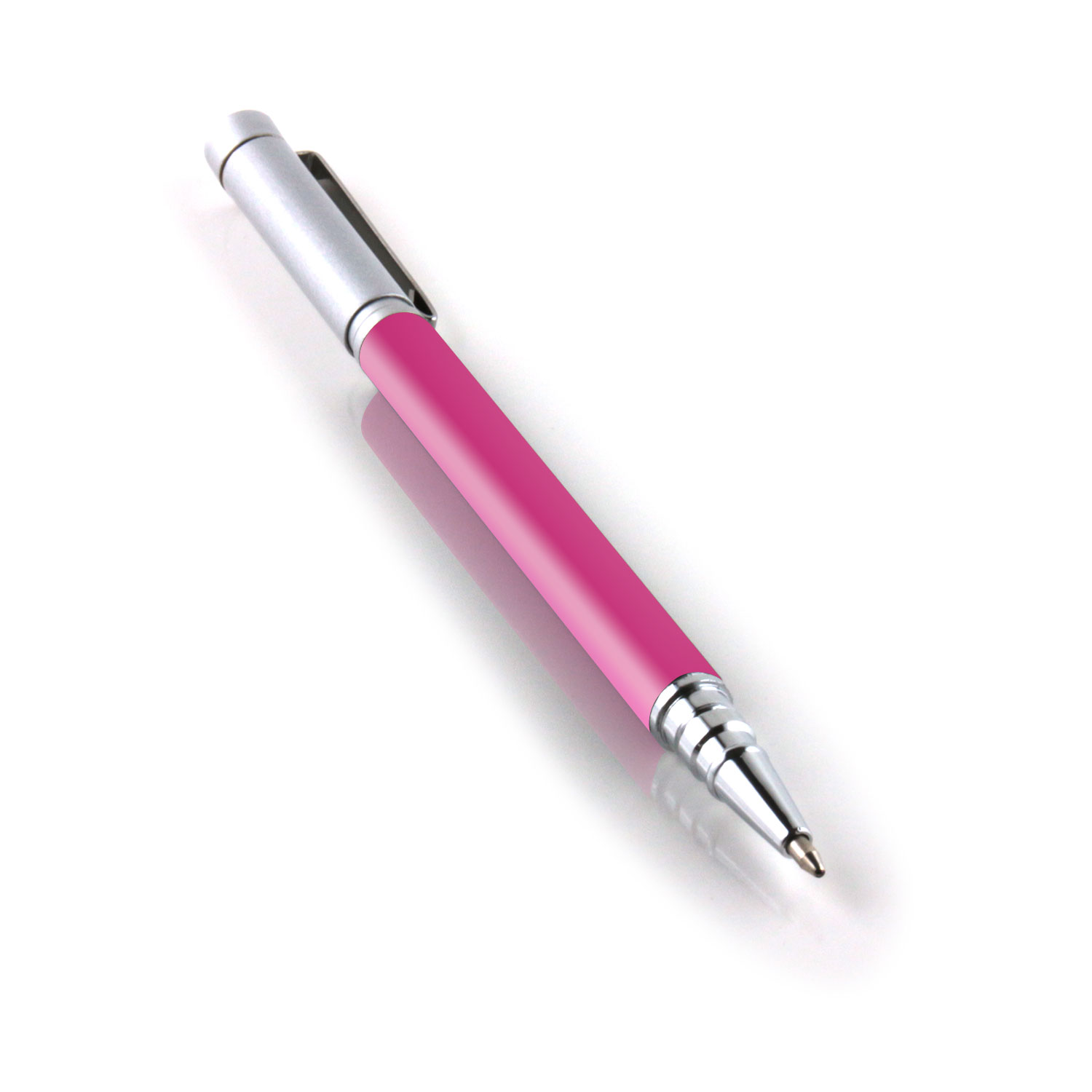 Rosa und silberner Stift auf weißer Oberfläche. Der Stift ist glänzend und hat einen Silberclip.