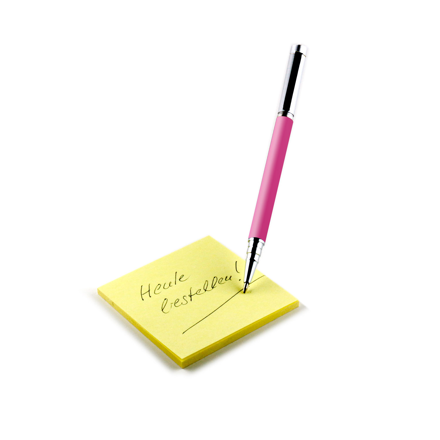 Gelber Haftzettel mit Handschrift in schwarzem Stift und pinkfarbenem Stift an der Seite.