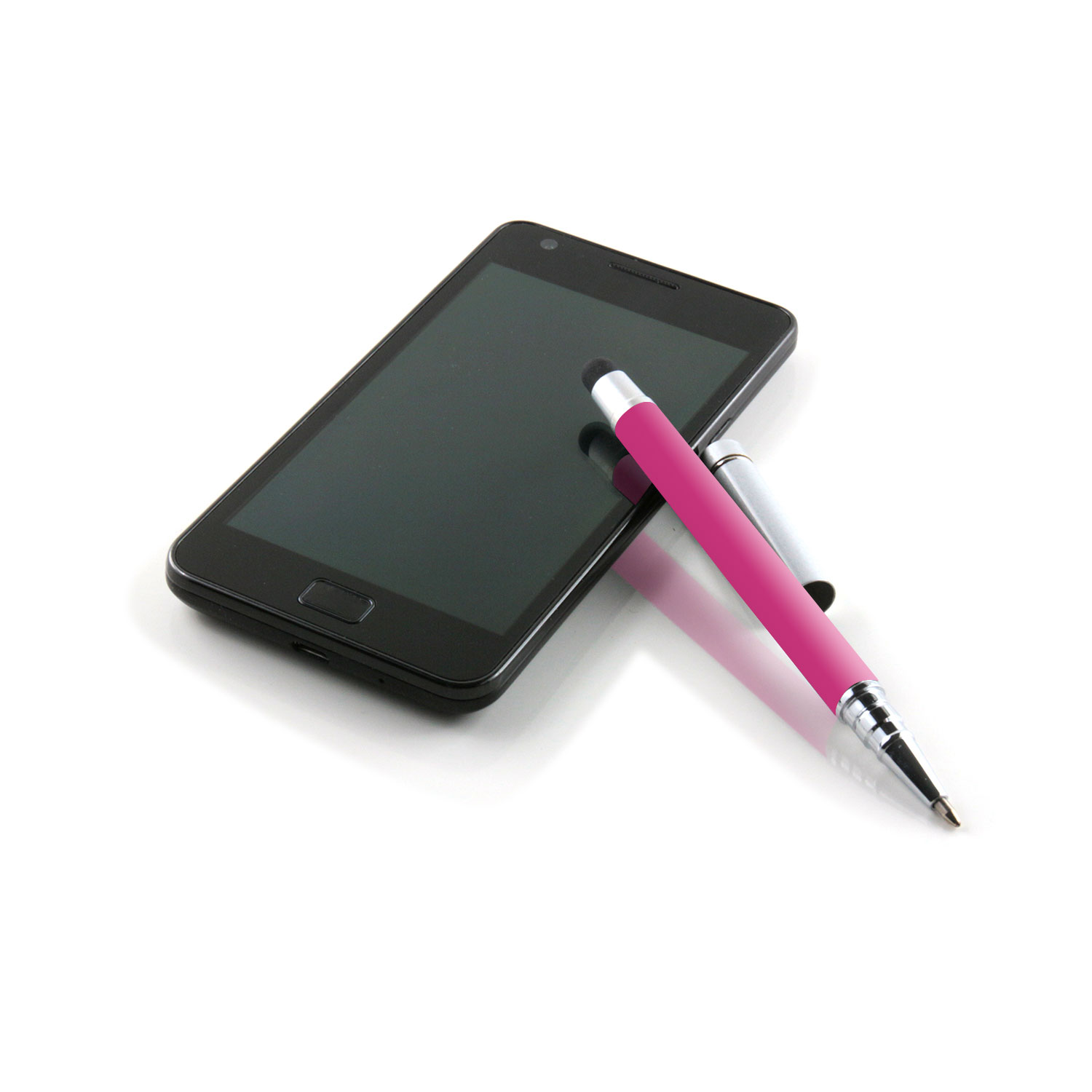 Ein schwarzes Smartphone mit einem rosa Stift. Der Stift liegt auf dem Bildschirm des Telefons.