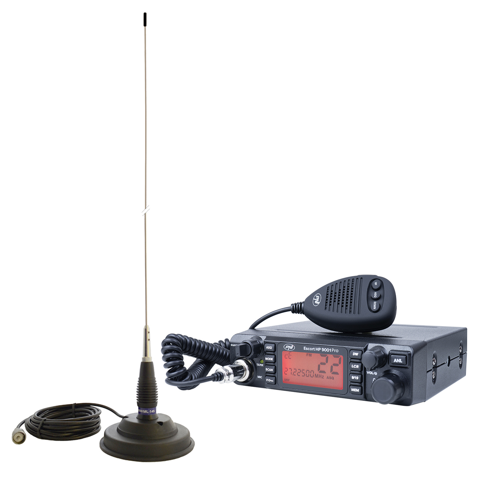 CB-Funkgeräte, einschließlich einer langen Antenne und eines Mikrofons. Weißer Hintergrund.