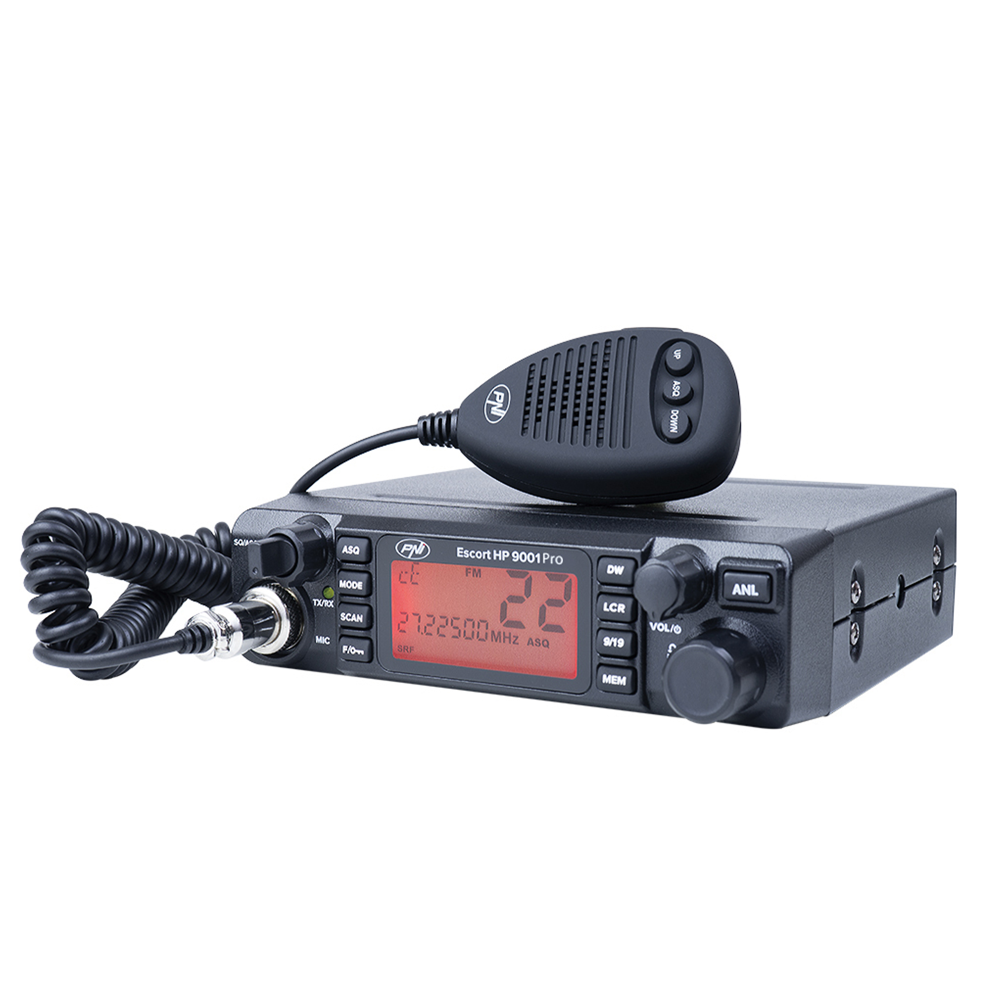 Schwarzer CB-Funktransceiver mit Mikrofon. Hat viele Knöpfe und ein digitales Display. Weißer Hintergrund.