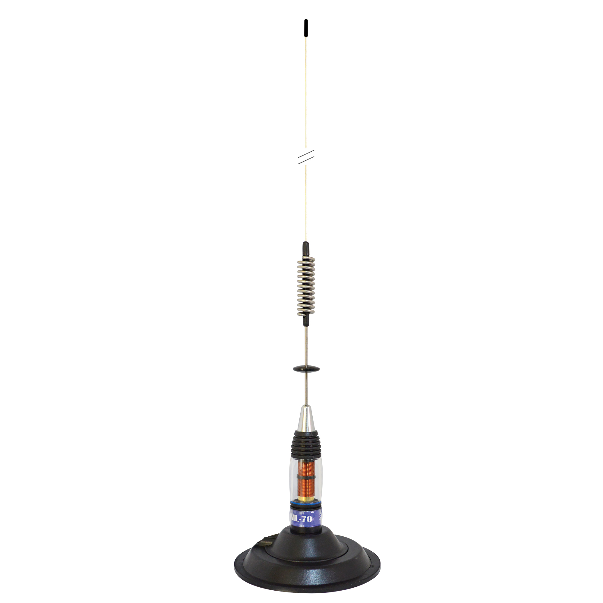 Radioantenne. Silberne und schwarze Abschnitte, mit Feder und Sockel.
