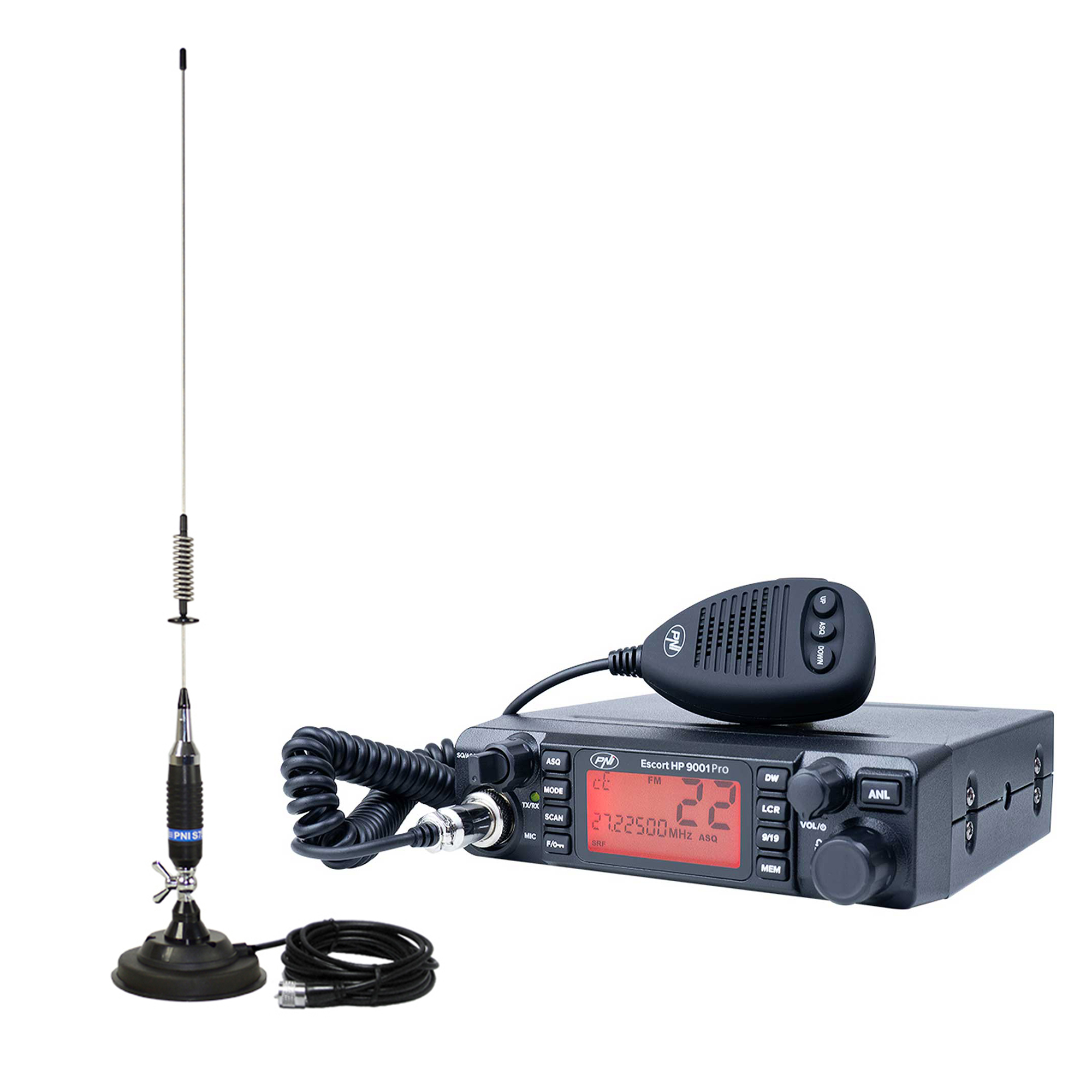 Eine CB-Funkanlage mit Antenne, Mikrofon und Basiseinheit.
