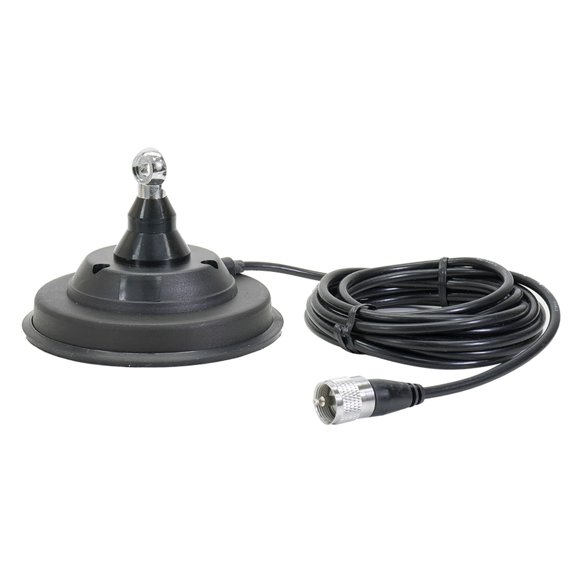 Eine schwarze Antenne mit silbernem Kopf und Kabel. Das Kabel endet mit einem silbernen Stecker.