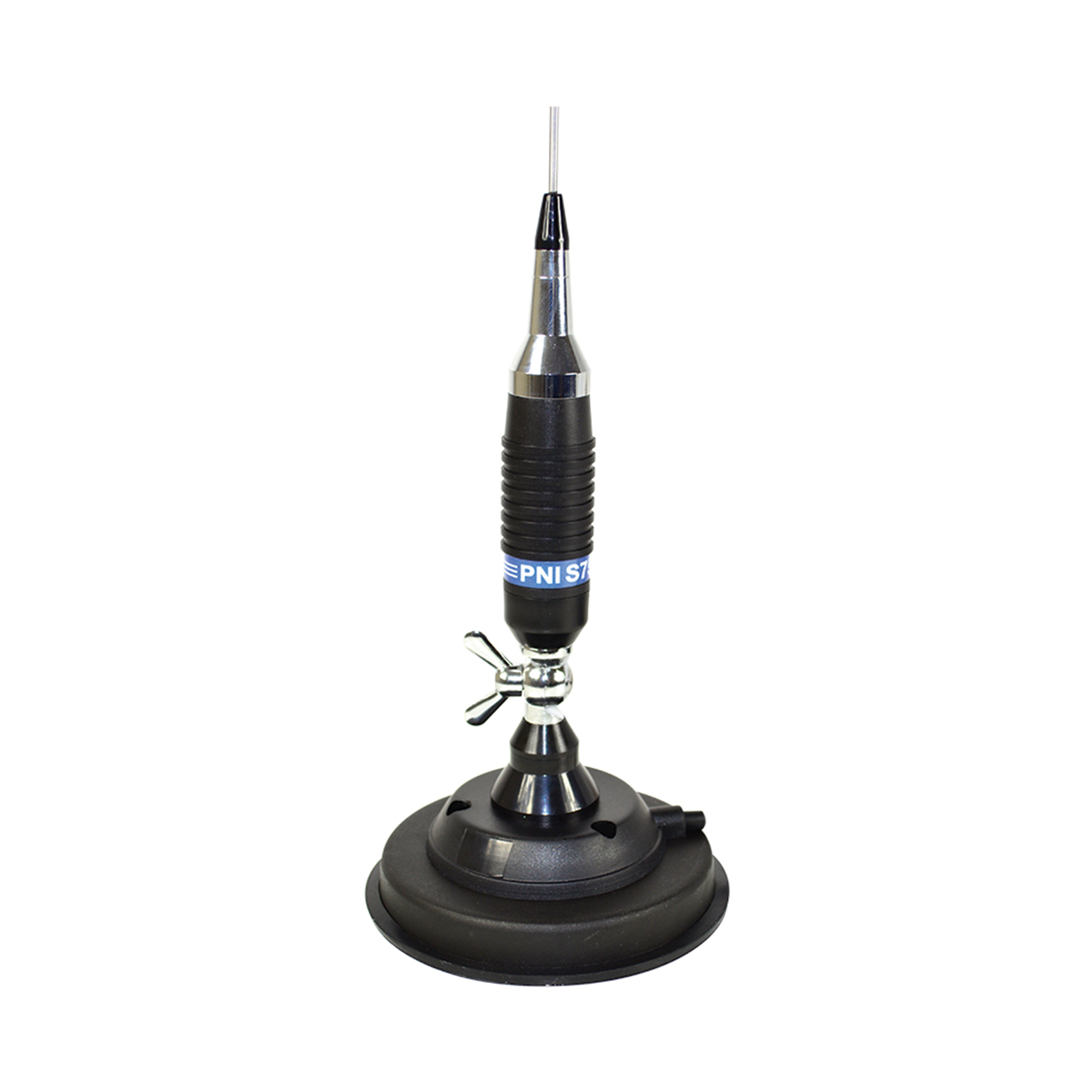 Silberne und schwarze Autoantenne mit Sockel. Es hat ein PNI-Logo und einen Saugnapf.