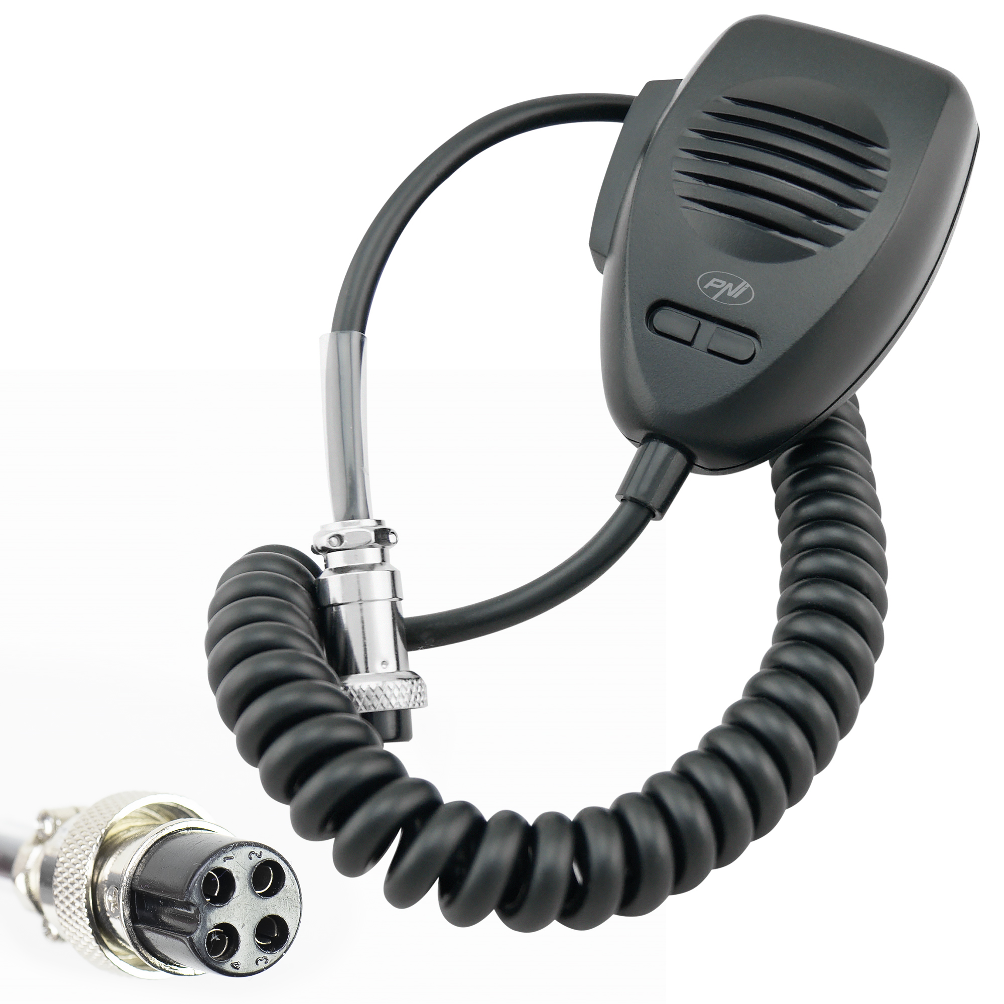 Schwarzes Mikrofon mit Spiralkabel und Stecker auf weißem Hintergrund.