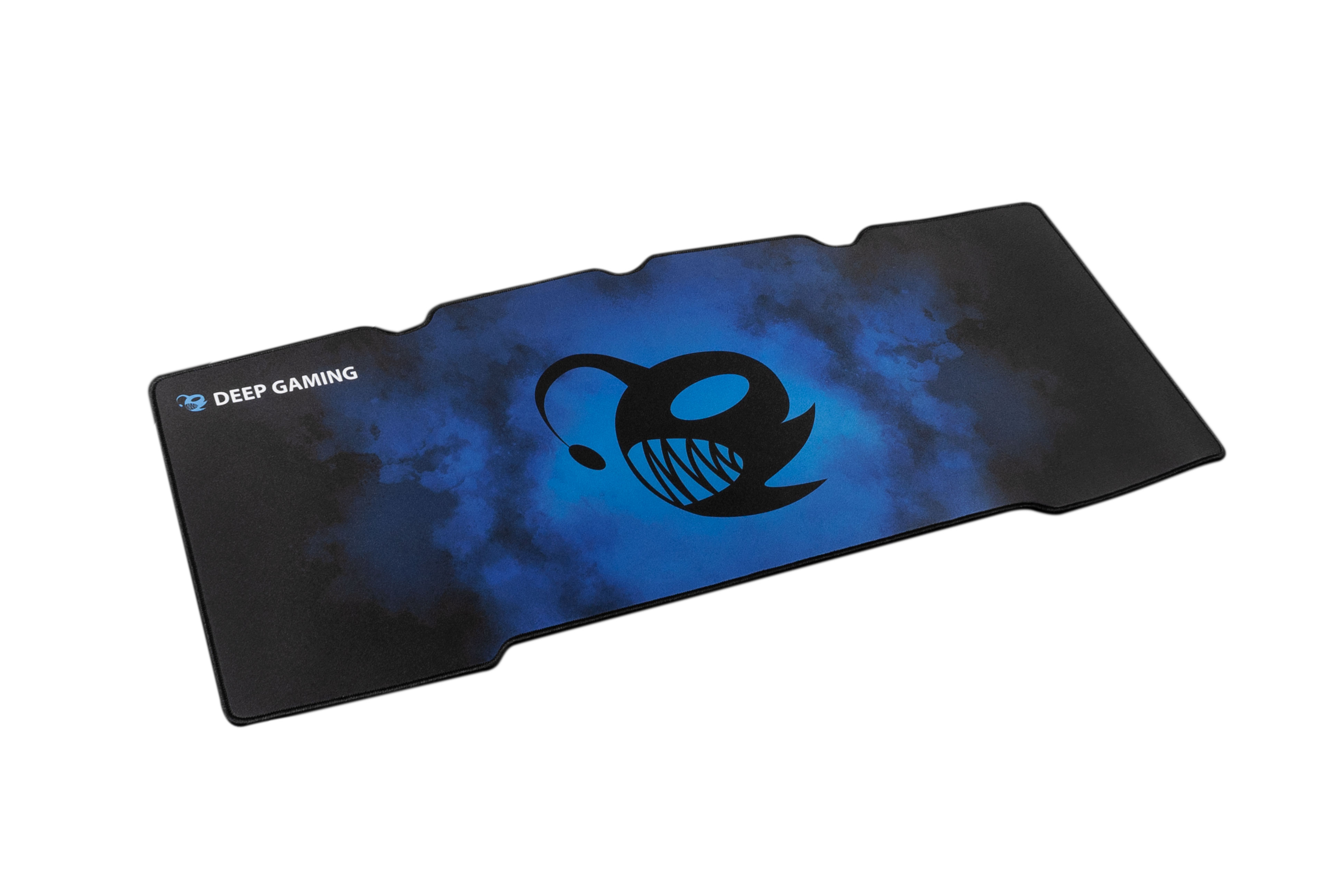 Una alfombrilla de ratón para juegos negra y azul con un gráfico de pez.