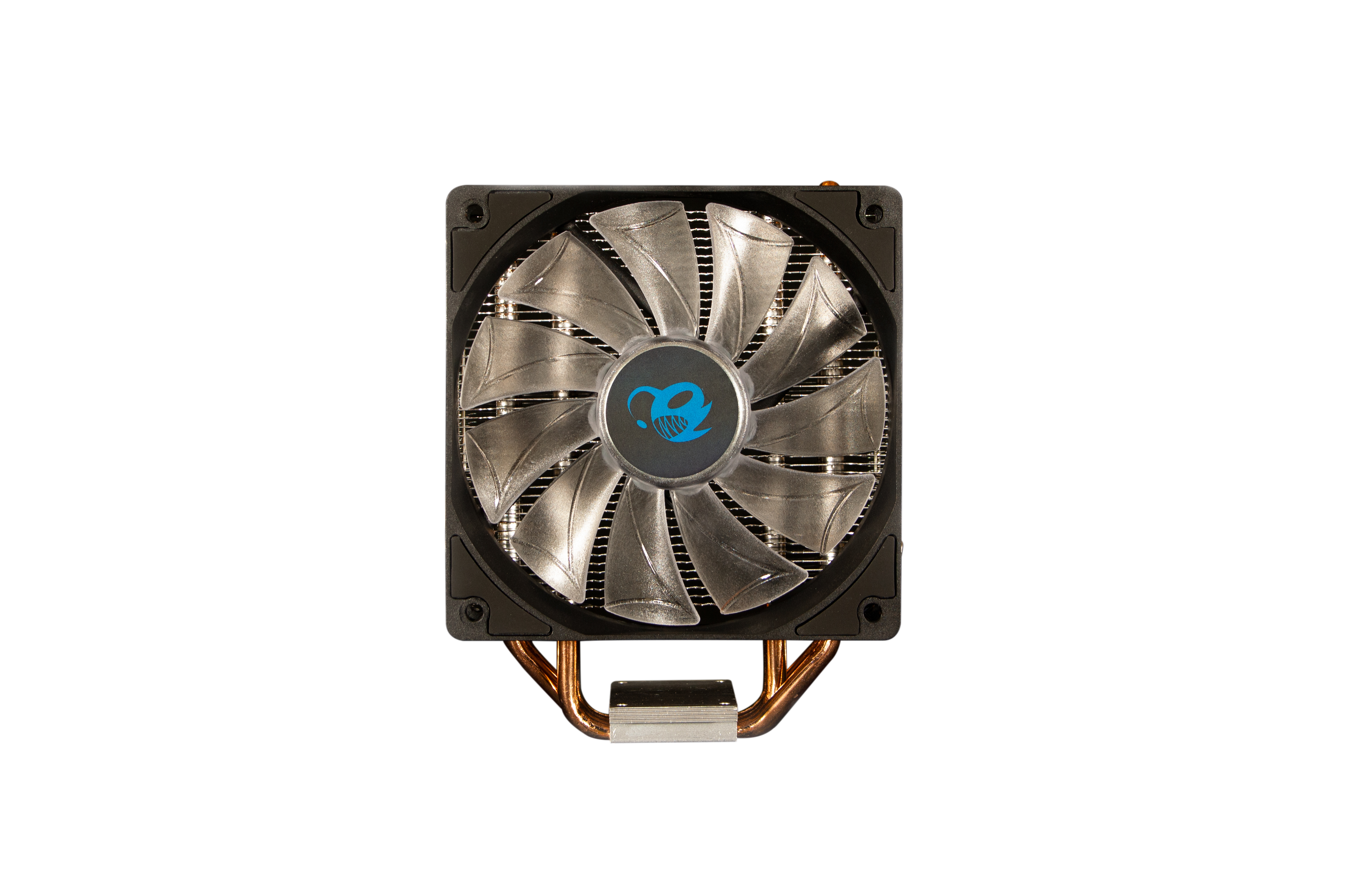 Ventola del computer con logo blu al centro, con heat pipe in rame.