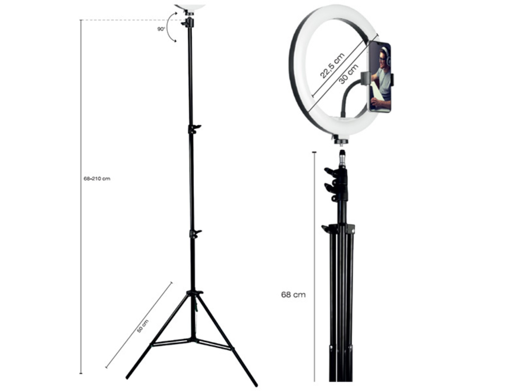 Ringlicht-Setup, Stativ und Smartphone-Halterung, mit Maßangaben und Abmessungen.