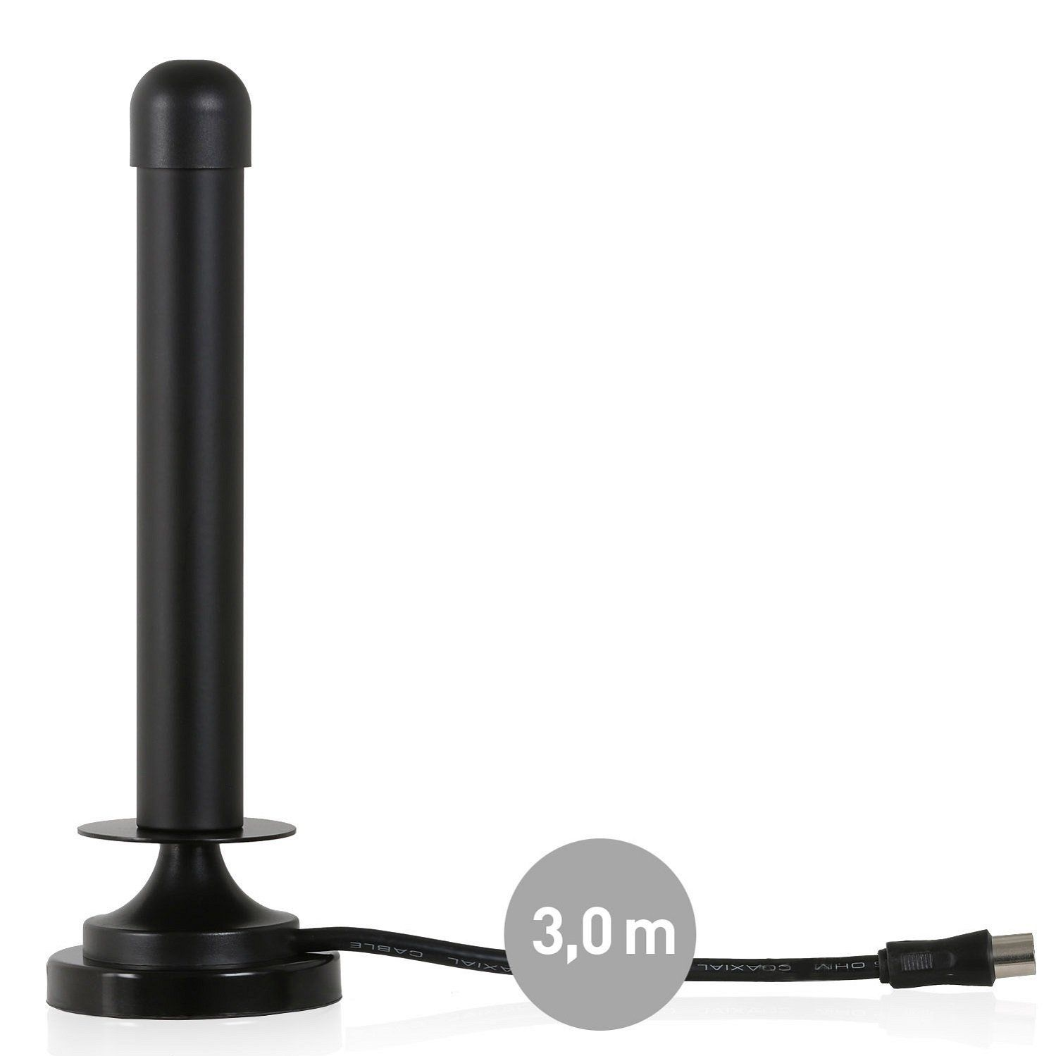 Eine schwarze, zylindrische Antenne mit Sockel und Kabel. Sie steht auf weißem Hintergrund.