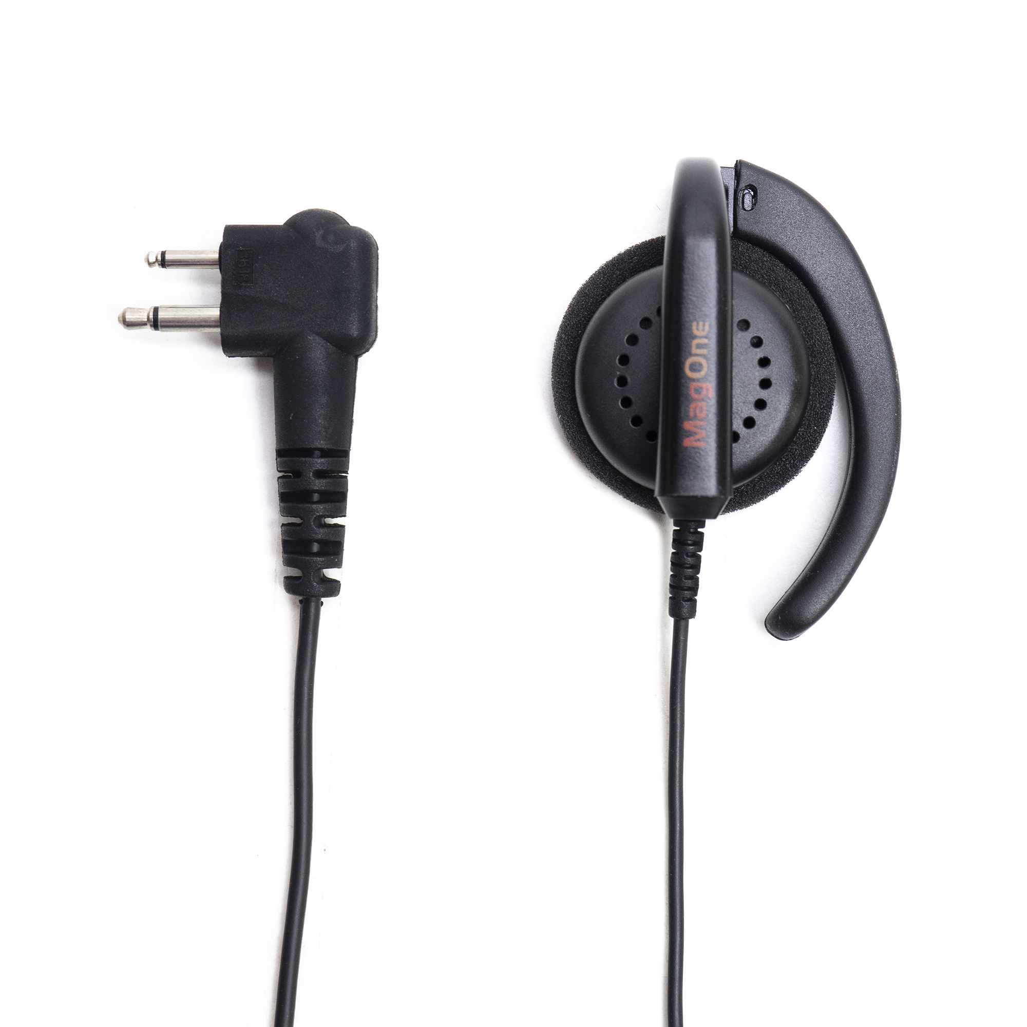 Auricolare nero con gancio e connettore a due pin, su sfondo bianco.