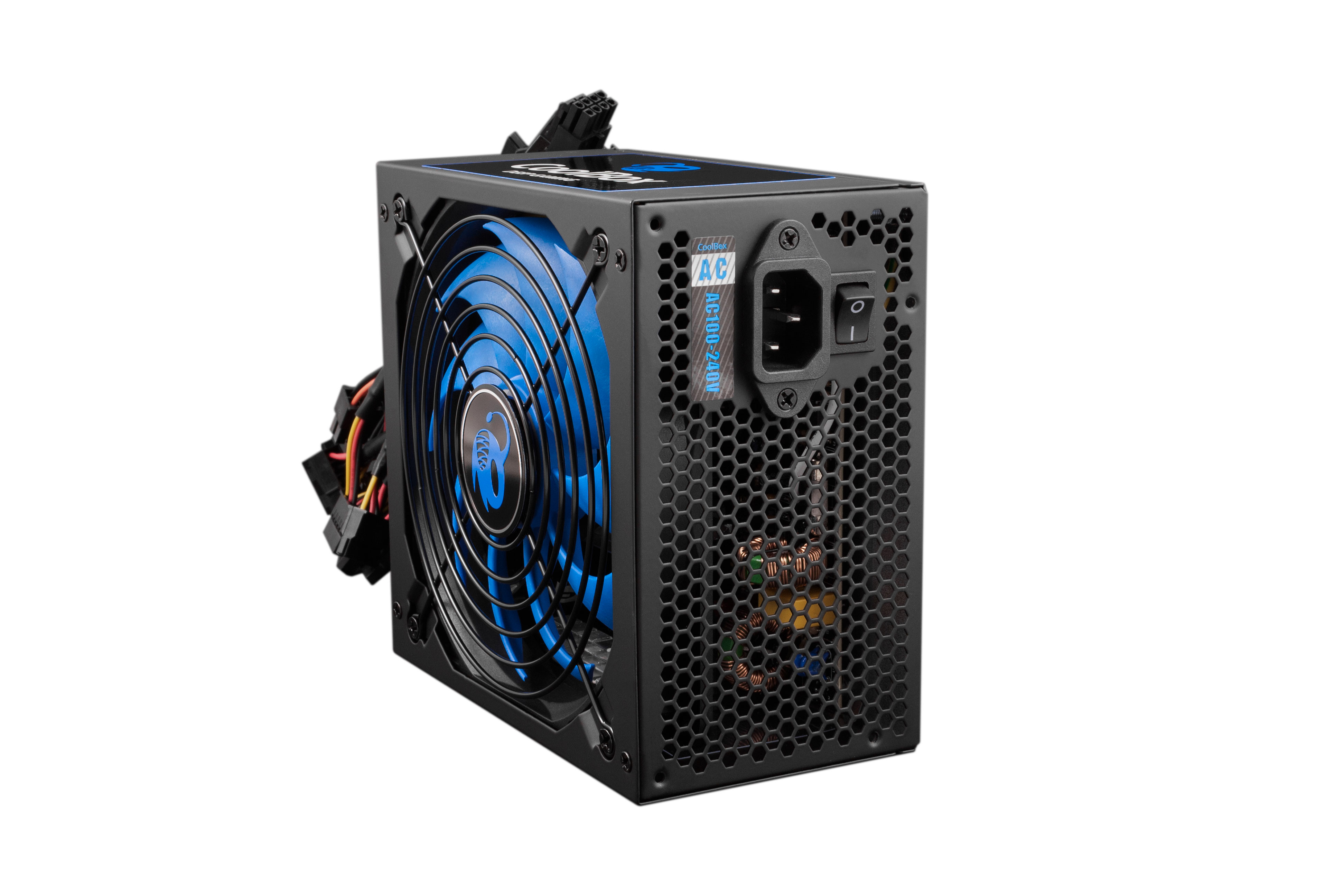 Alimentatore nero con ventola blu, connettori e interruttore.
