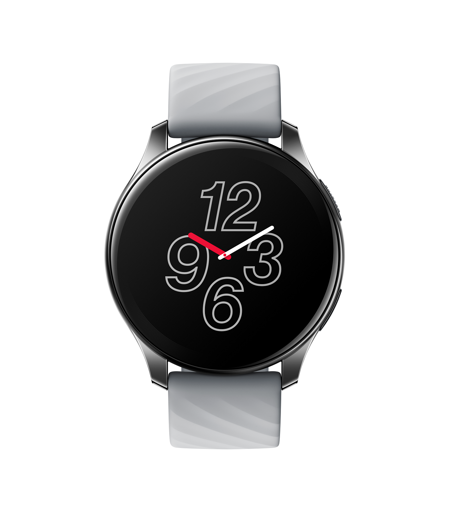 Eine schwarze Smartwatch mit rundem Display mit Zahlen. Hellgraues Armband.