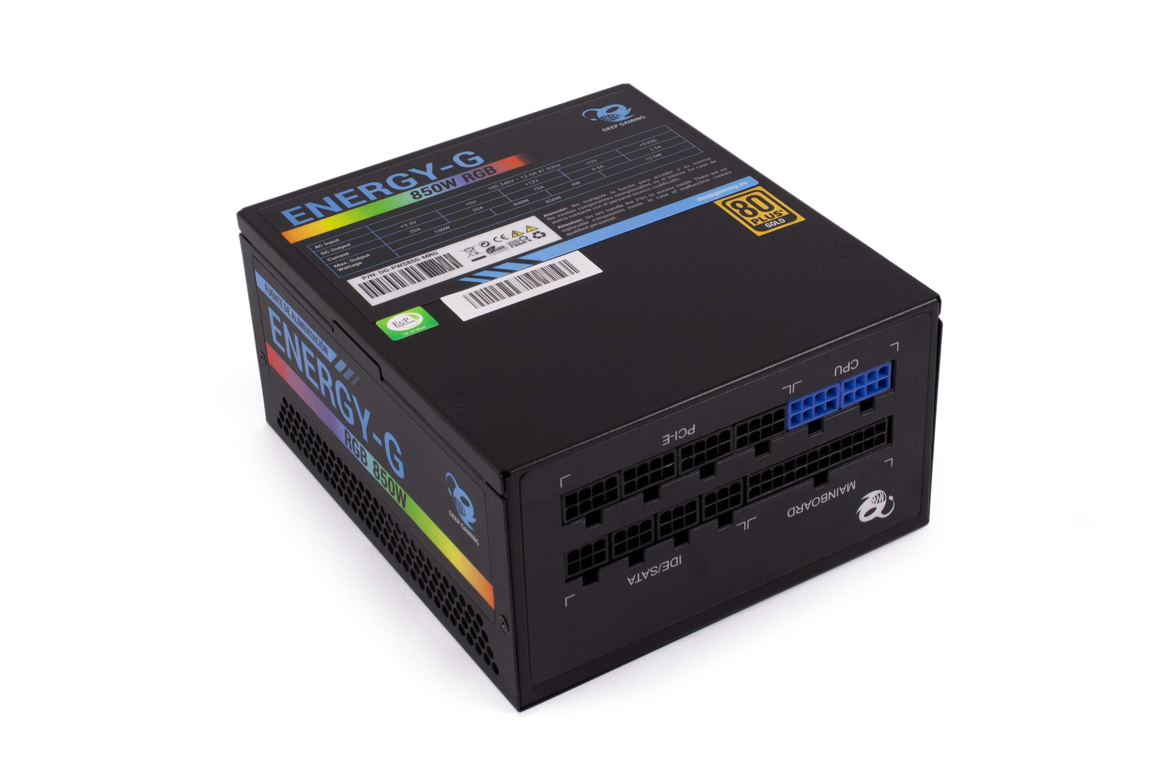 Alimentatore nero e RGB. Etichette e porte visibili. Certificato 80 Plus Gold.