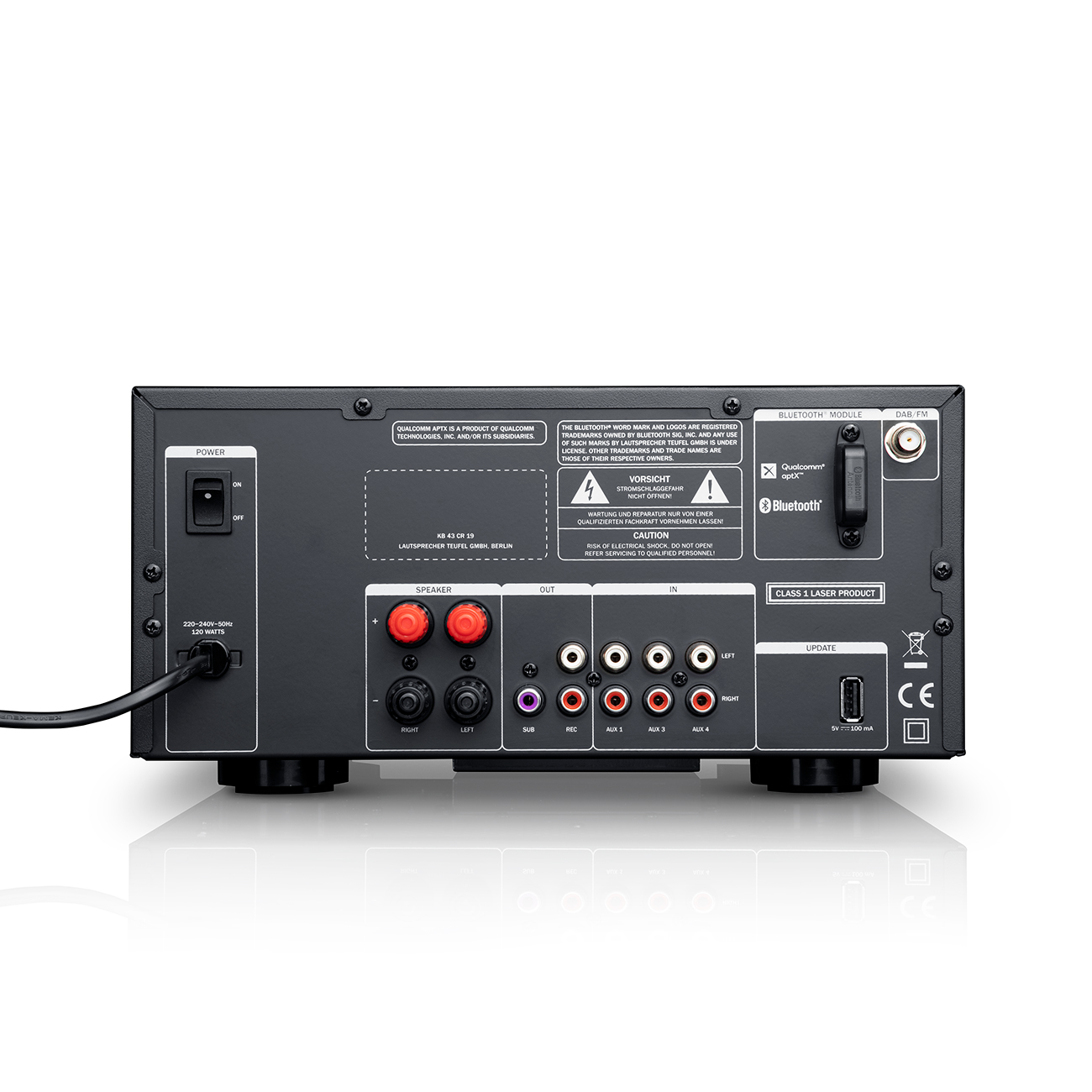 Schwarzer Stereo-Receiver mit Knöpfen und Anschlüssen. Die Rückseite ist sichtbar.