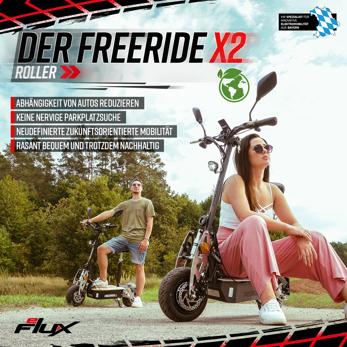 EFLUX Freeride Zoll, Schwarz) Unisex-Rad, E-Scooter 6,5 X2 (Laufradgröße