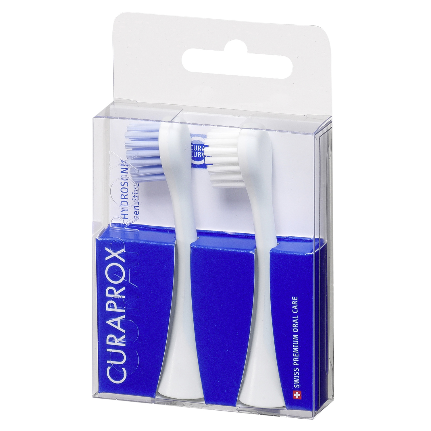 Przezroczyste opakowanie z dwoma białymi główkami szczoteczki do zębów z niebieskim brandingiem.