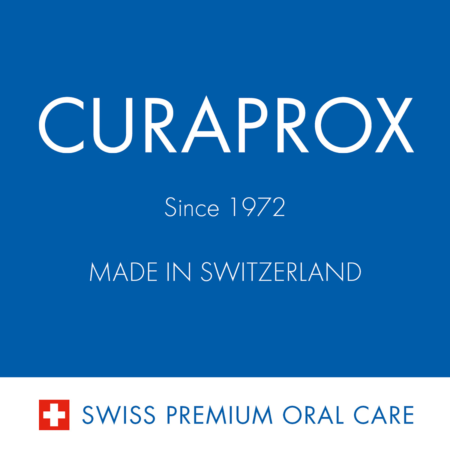 Niebieskie tło z logo CURAPROX i tekstem 'Since 1972, Made in Switzerland' oraz szwajcarskim krzyżem.