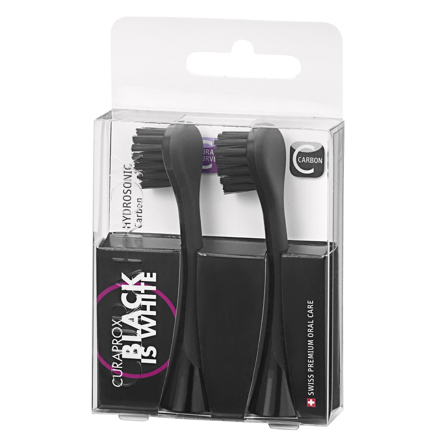 Dwie czarne szczoteczki do zębów w przezroczystym plastikowym pudełku, tekst: Black is White, Swiss Premium.