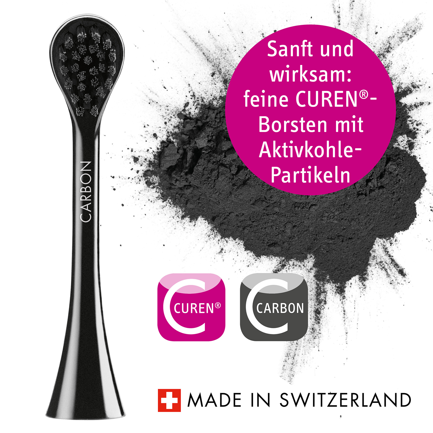 Czarna główka szczoteczki do zębów z czarnym włosiem i różowym tekstem.