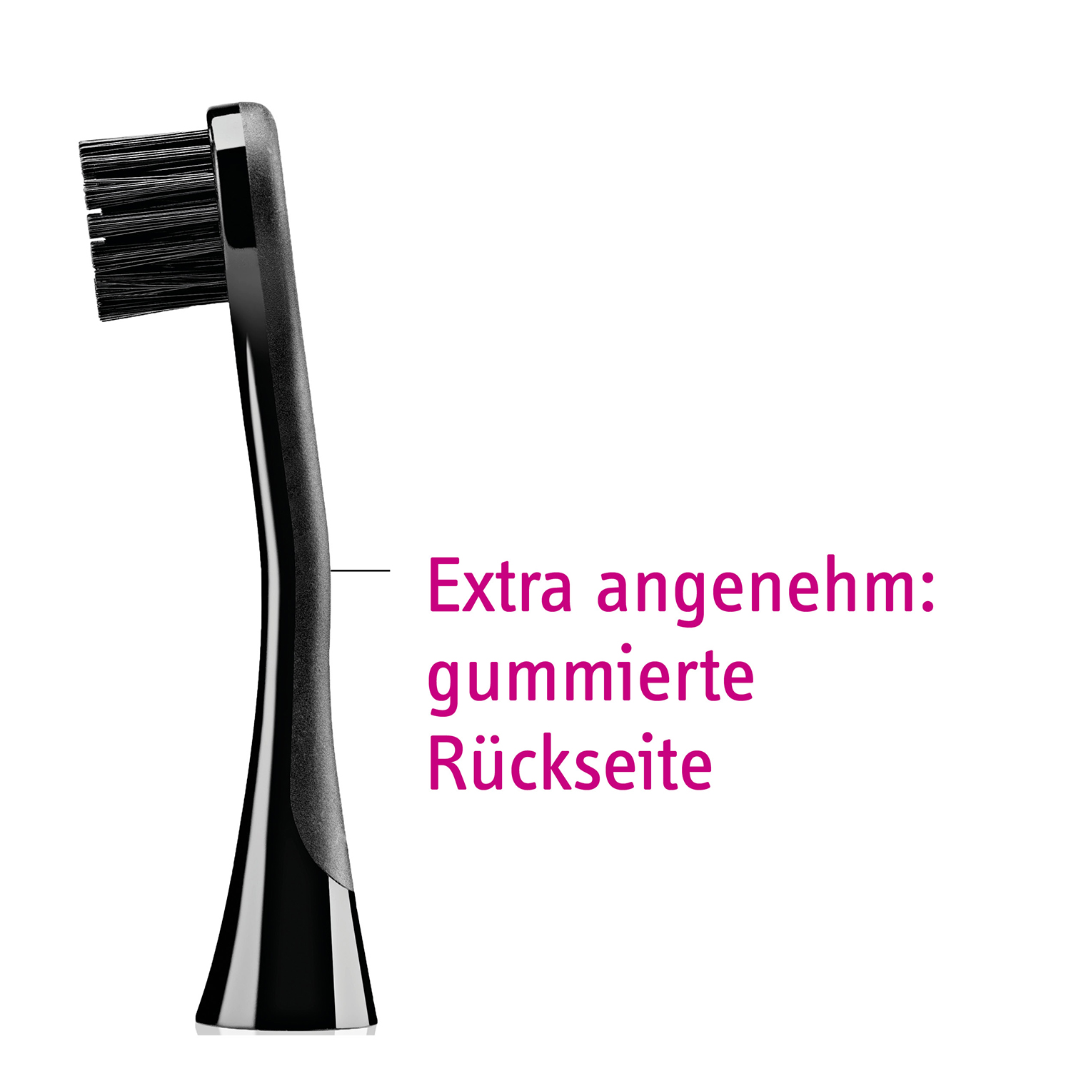 Czarna główka szczoteczki do zębów z czarnym włosiem, tekstem po prawej i białym tłem.