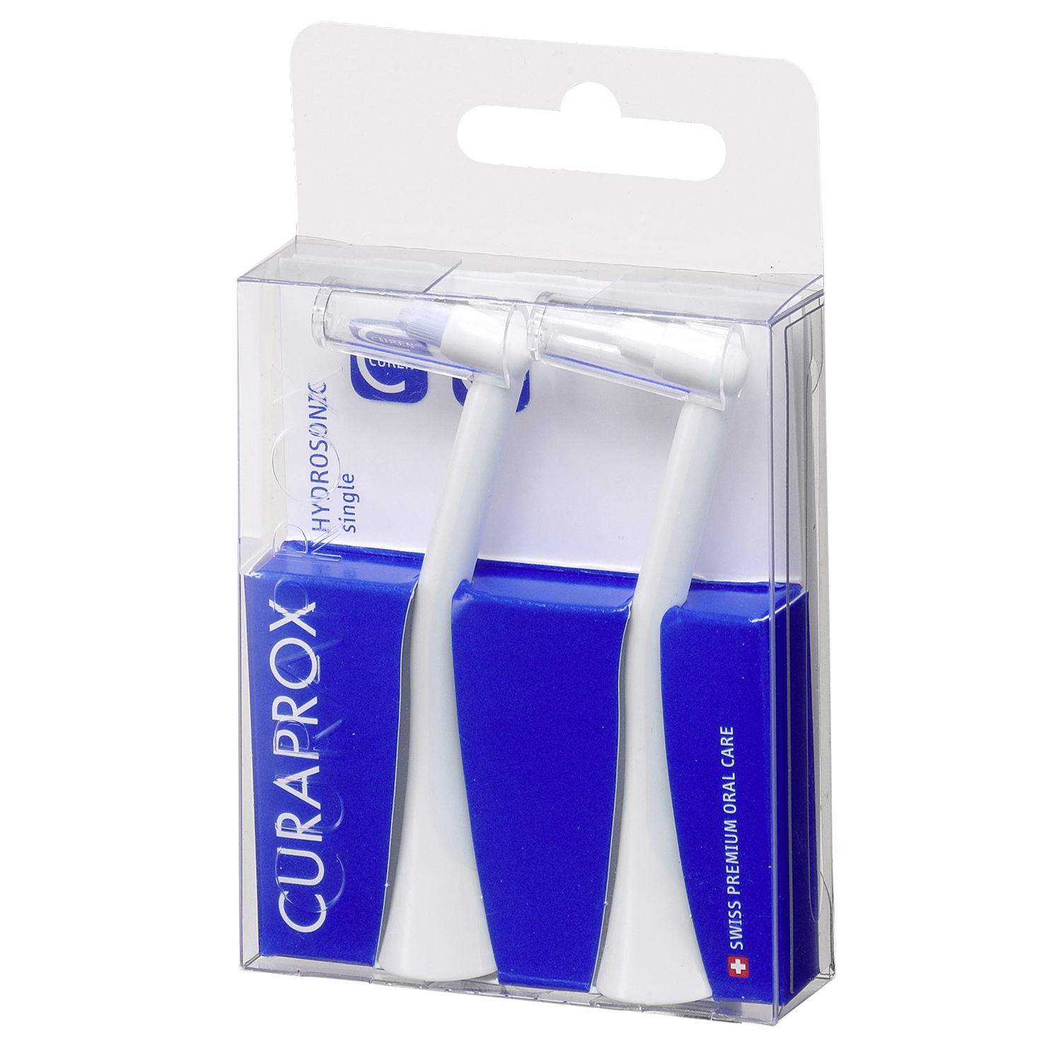 Eine transparente Plastikbox enthält zwei weiße und blaue Zahnbürstenköpfe.