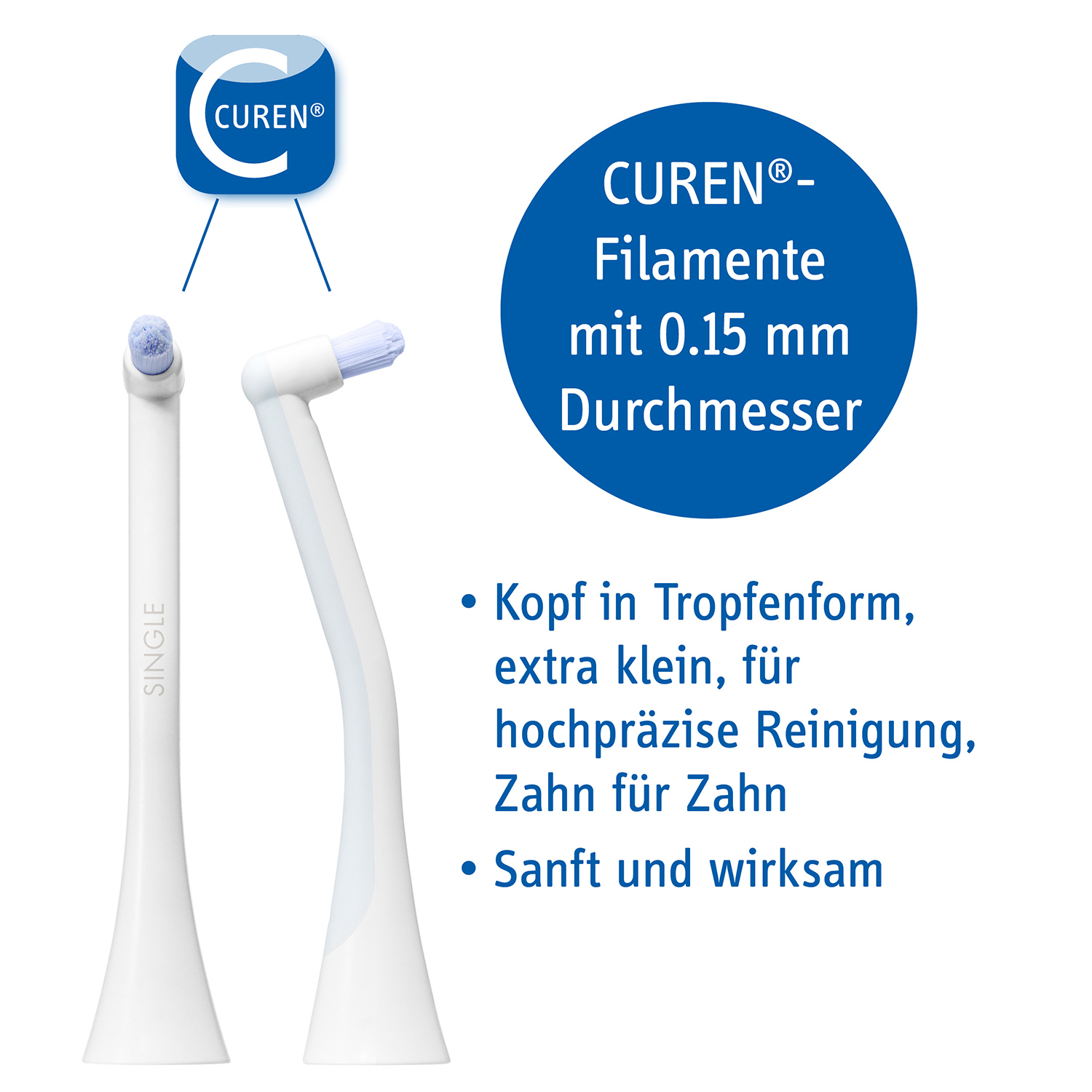 Zwei weiße Zahnbürstenköpfe mit blauen Borsten. Text beschreibt das Produkt.