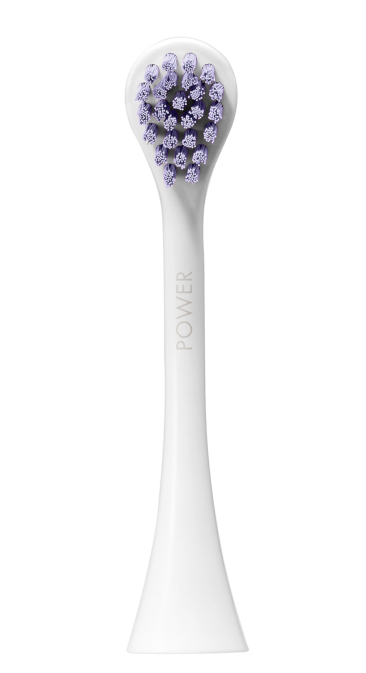 Zbliżenie białej główki szczoteczki do zębów z fioletowym włosiem.