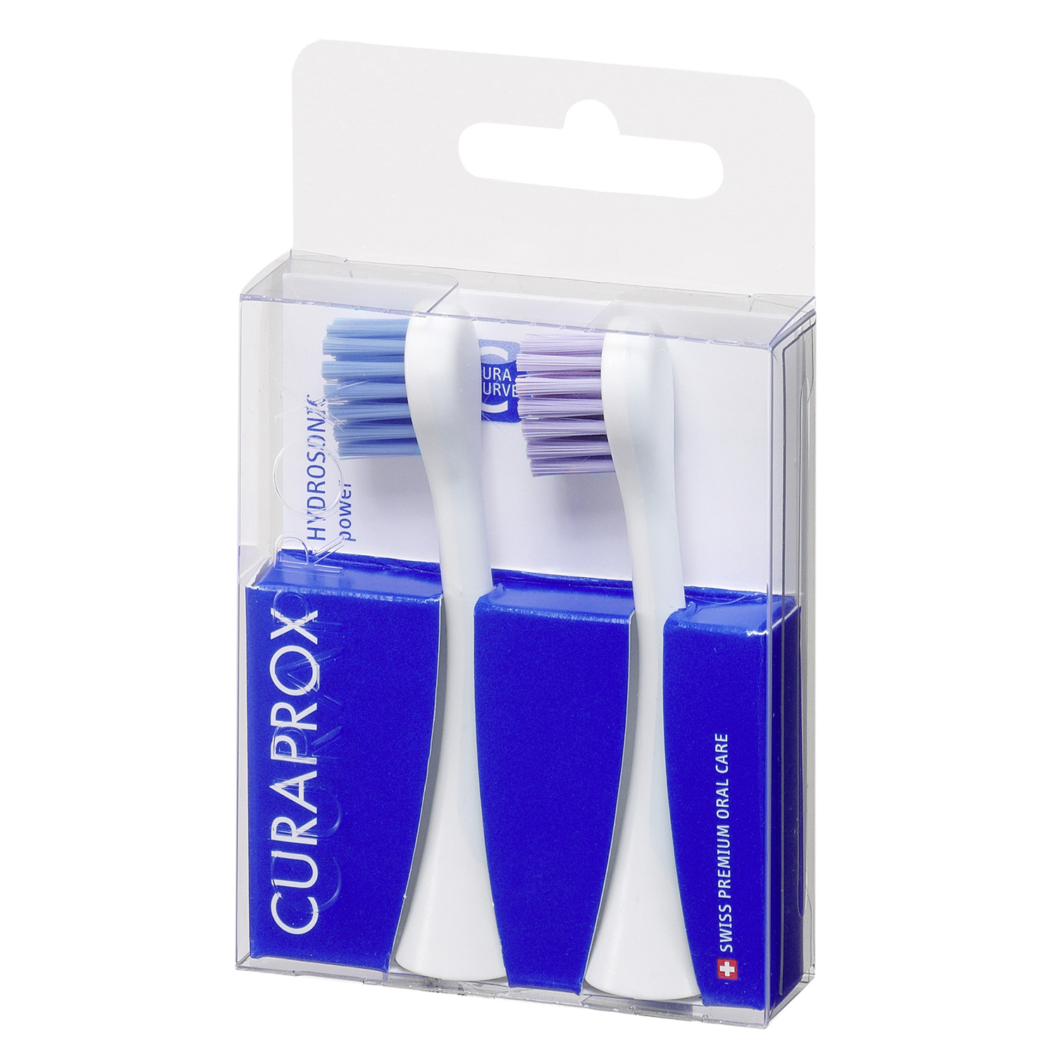 Dwie głowice szczoteczek do zębów w przezroczystym plastikowym opakowaniu, z niebieskim i fioletowym włosiem.