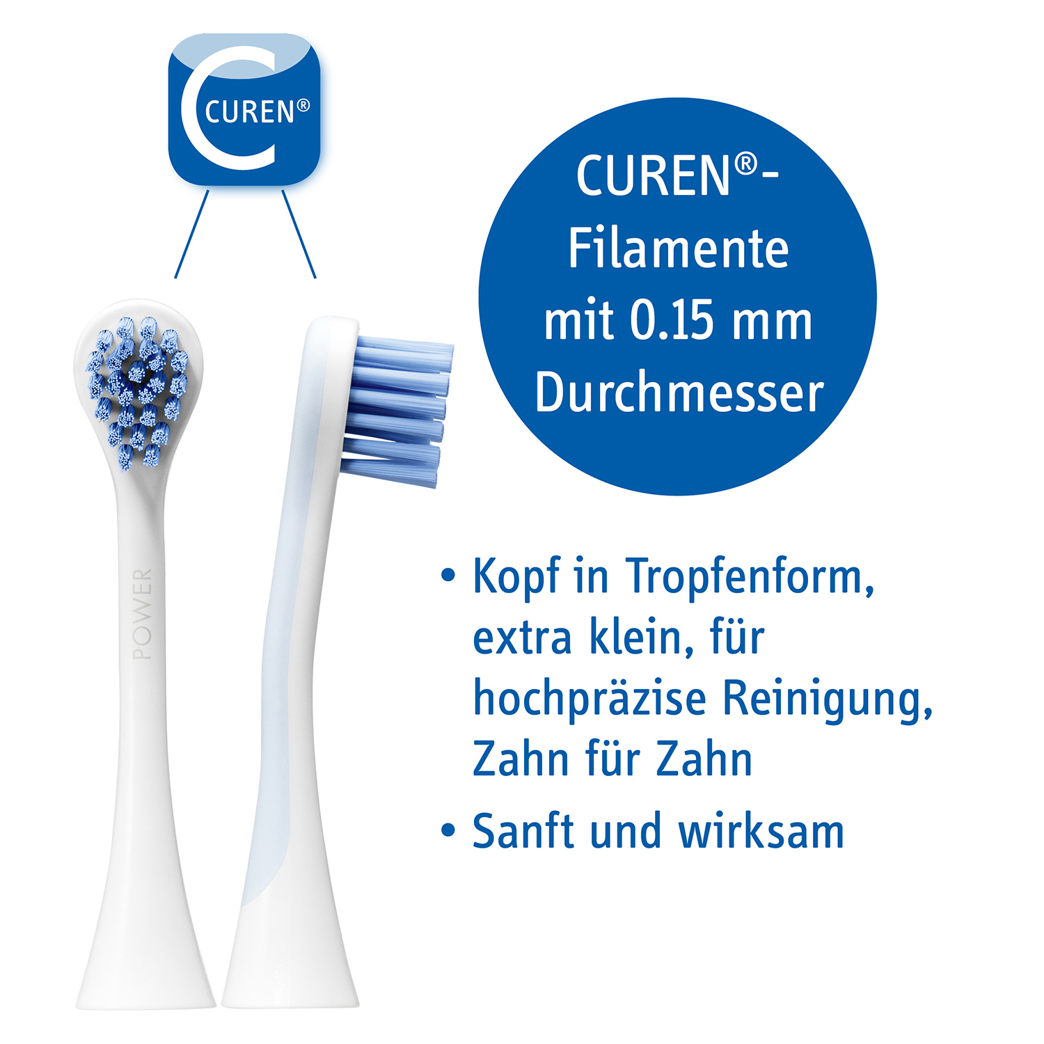 Dwie białe główki szczoteczki do zębów z niebieskim włosiem i tekstem.