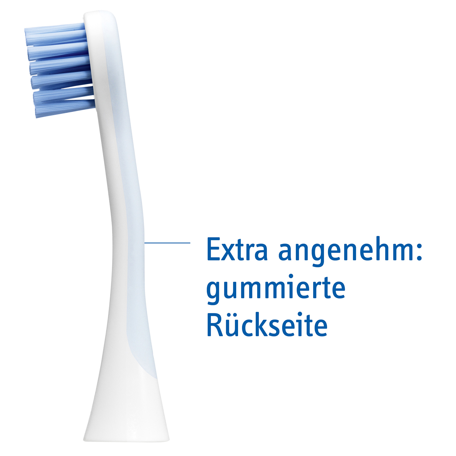 Główka szczoteczki do zębów z niebieskim włosiem. Tył jest biały i zawiera niemiecki tekst.