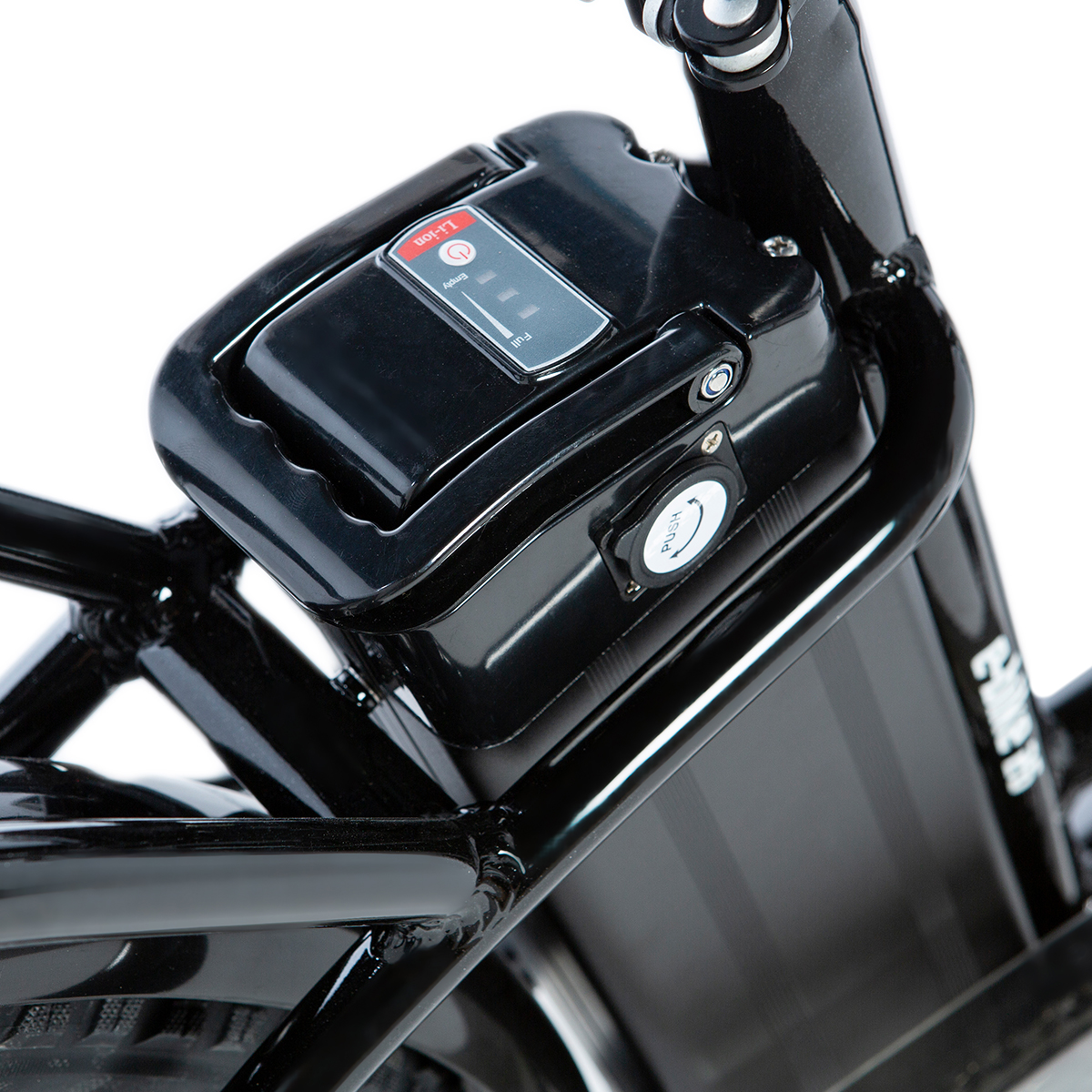 Batteria per bici nera su un telaio nero. Indicatore del livello della batteria e il 