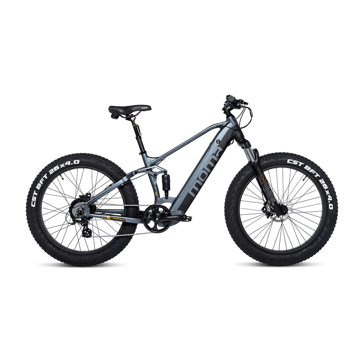 Bicicleta eléctrica gris con neumáticos grandes. La marca "Moma" está en el cuadro.