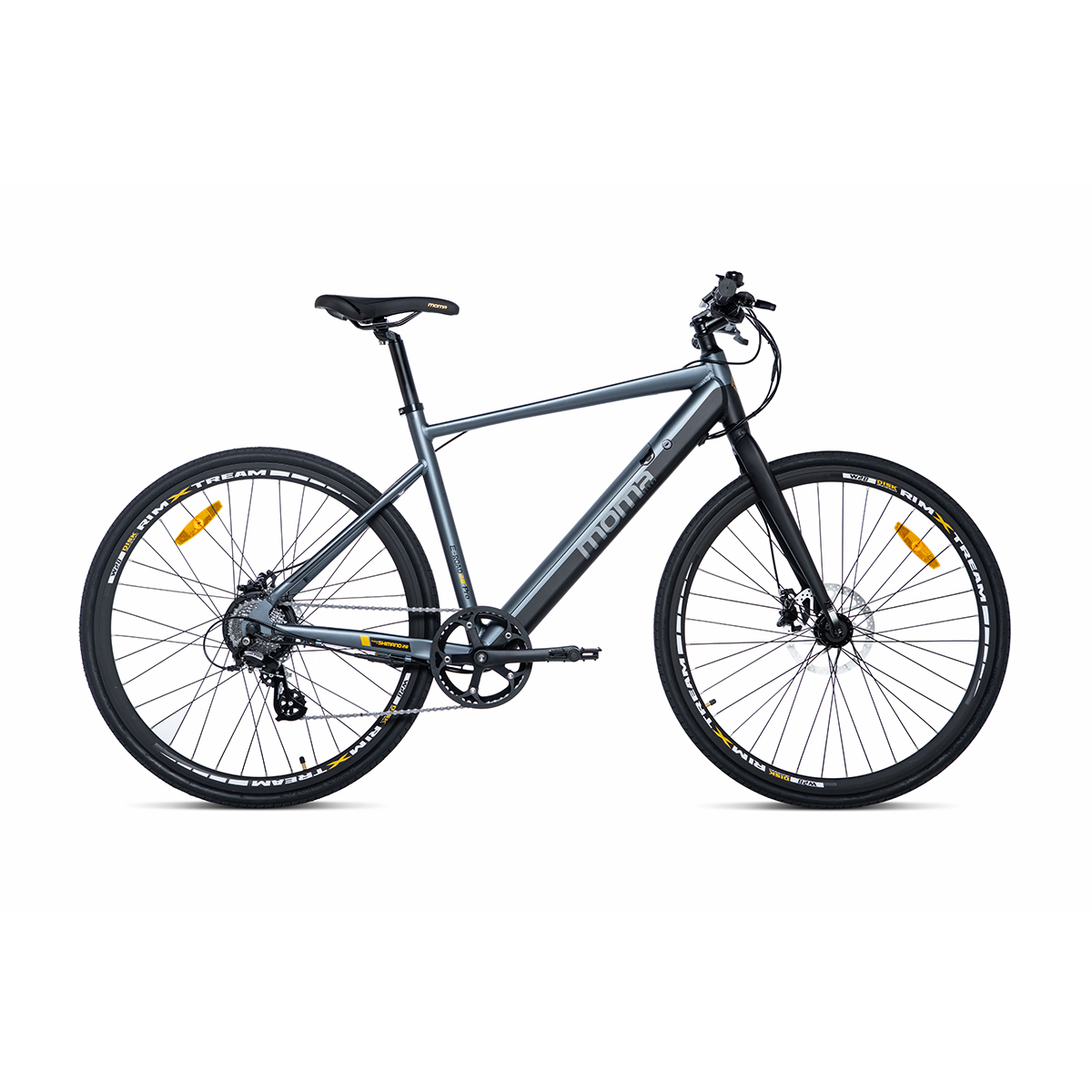 Una bicicletta moma grigia e nera con dettagli gialli. Isolato su bianco.