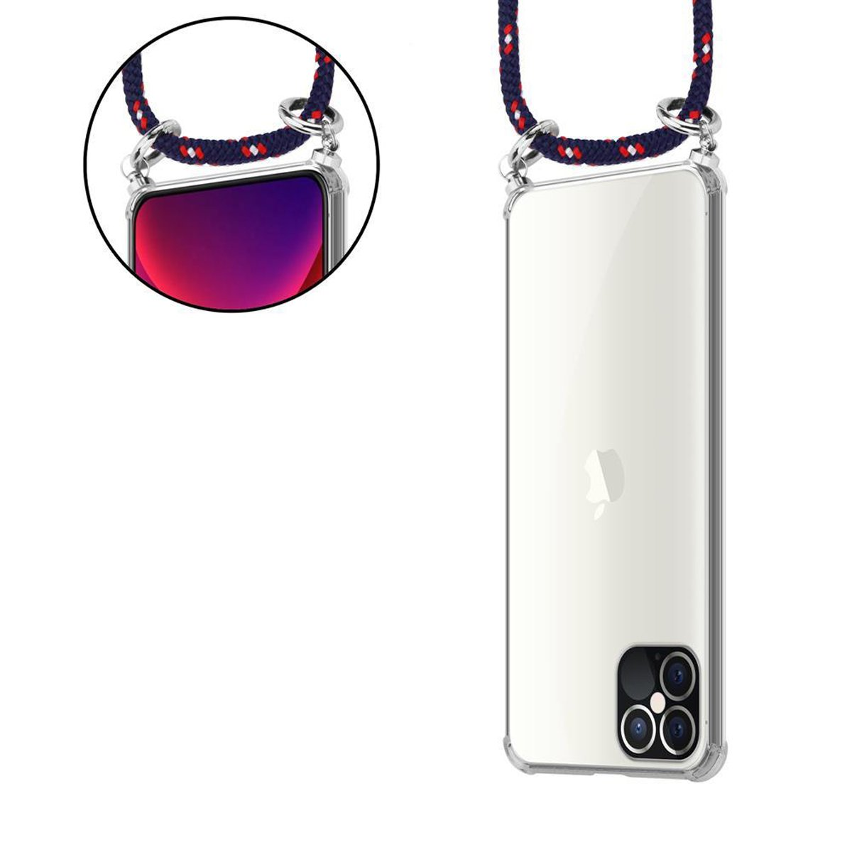 Una custodia trasparente per telefono con un cordino. Il cordino è blu scuro, rosso e bianco. Il telefono mostra uno schermo rosso e viola.