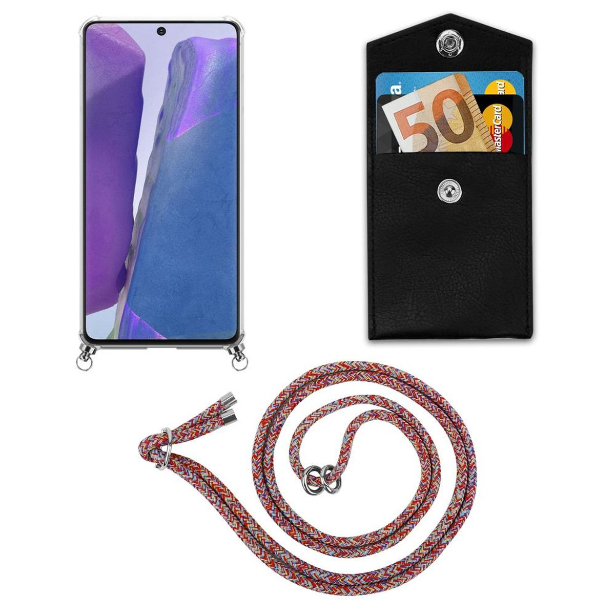 Silber Hülle, Galaxy 20, CADORABO COLORFUL Kordel Band Handy und Kette mit NOTE Samsung, Backcover, Ringen, PARROT abnehmbarer
