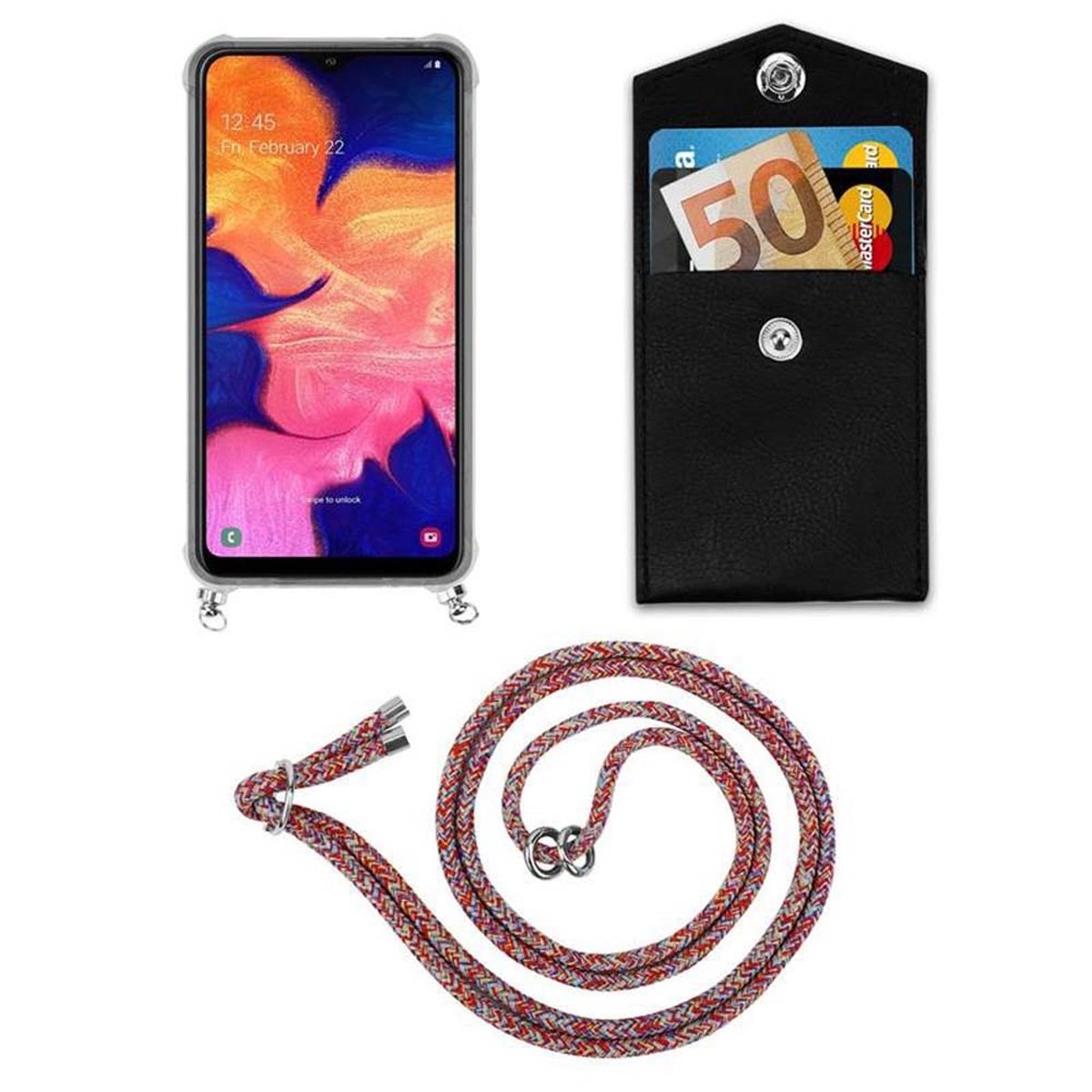 und mit Ringen, abnehmbarer Hülle, CADORABO Galaxy M10, / Band Kette Handy Silber Samsung, A10 COLORFUL Backcover, PARROT Kordel