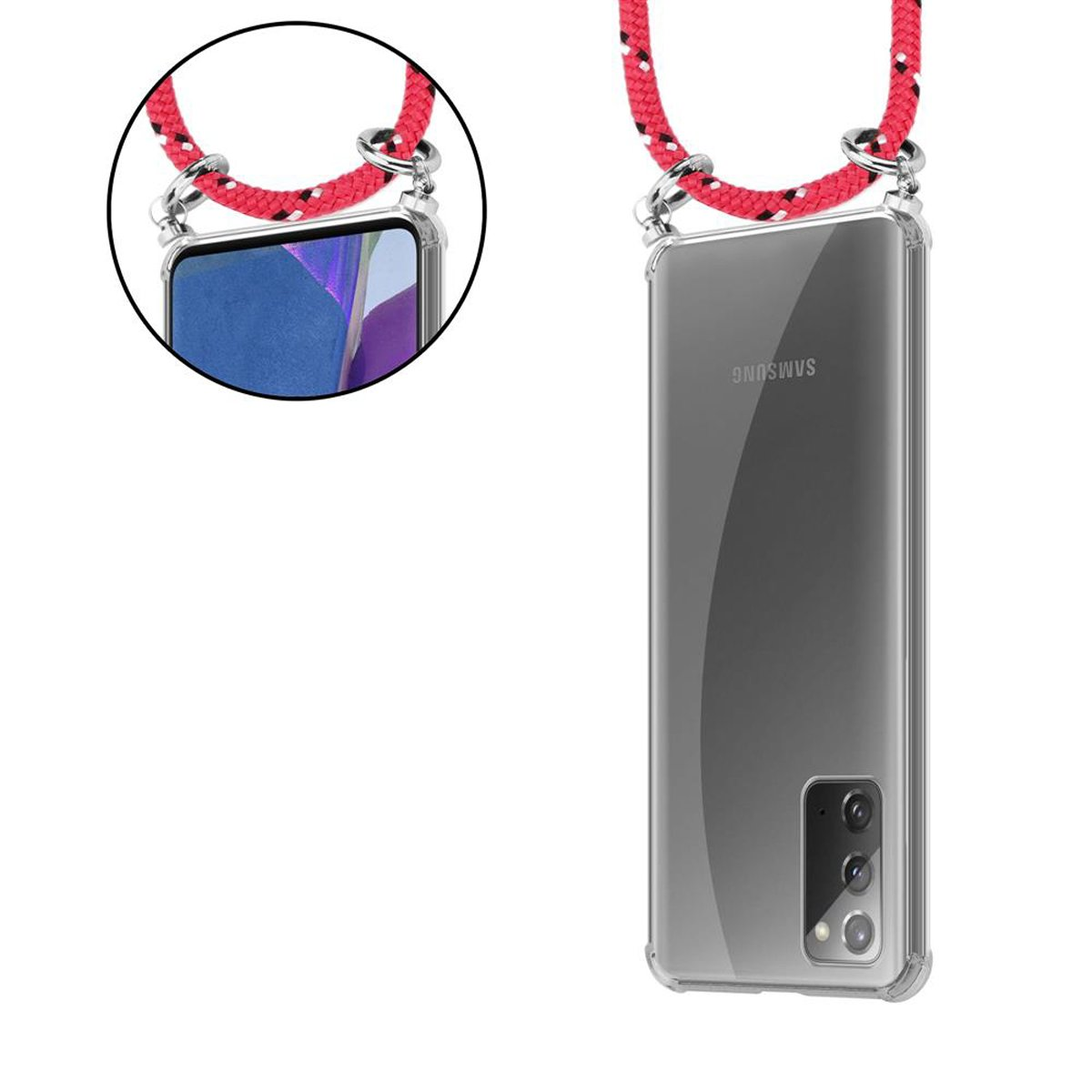 Telefono con custodia e cordino rosso. Il telefono è nero, la custodia è trasparente.