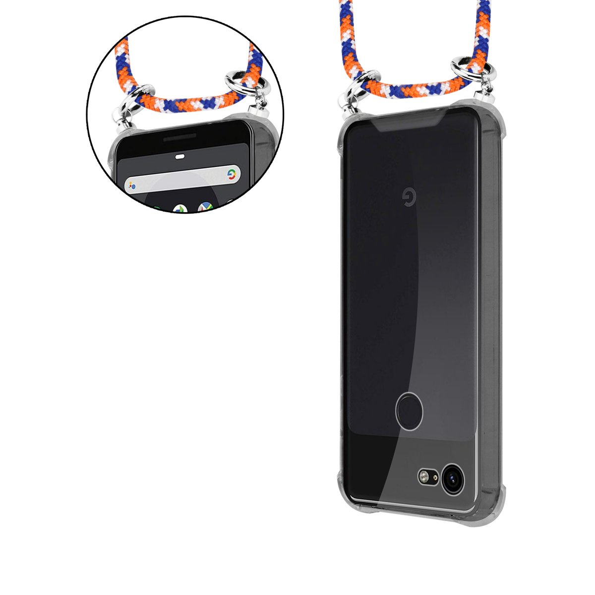 Zwei Telefone mit Hüllen, zeigen die Hülle mit befestigtem Schlüsselband.
