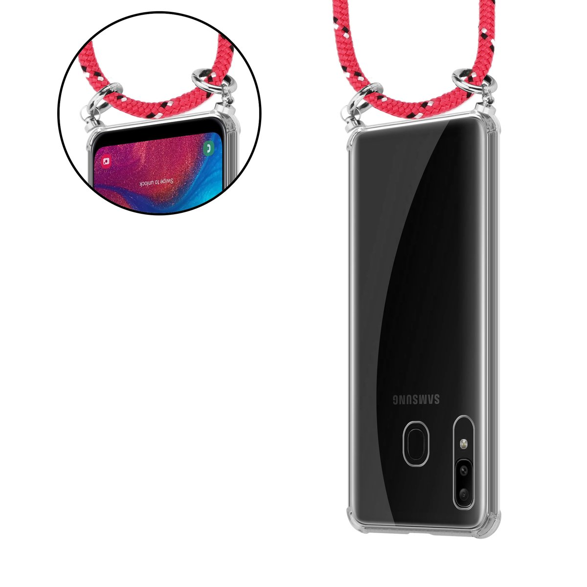 Una custodia per telefono con un cordino rosso attaccato. Il telefono è nella custodia ed è visibile.