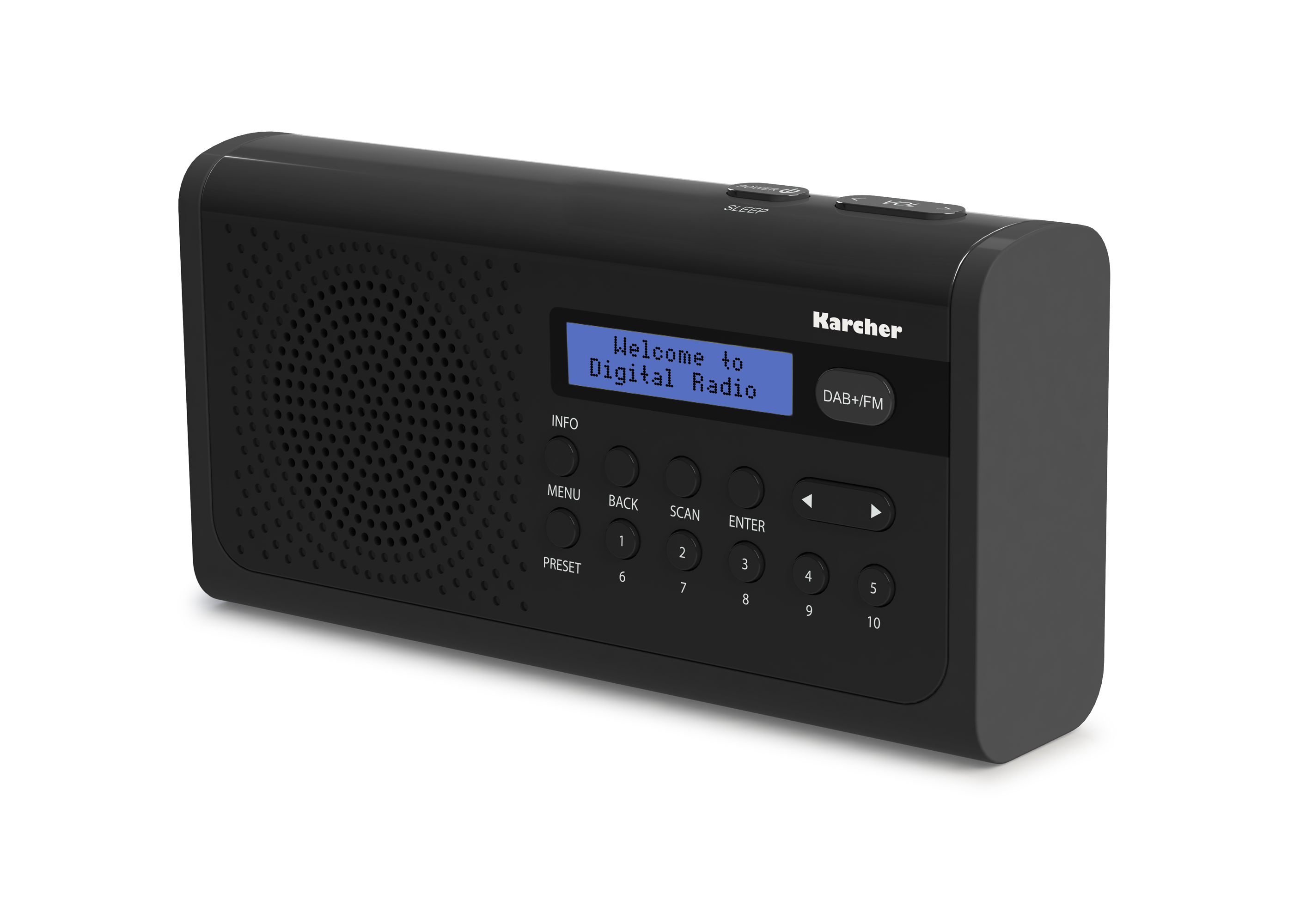 Ein schwarzes Digitalradio mit einem blauen Bildschirm, auf dem 'Welcome to Digital Radio' steht.