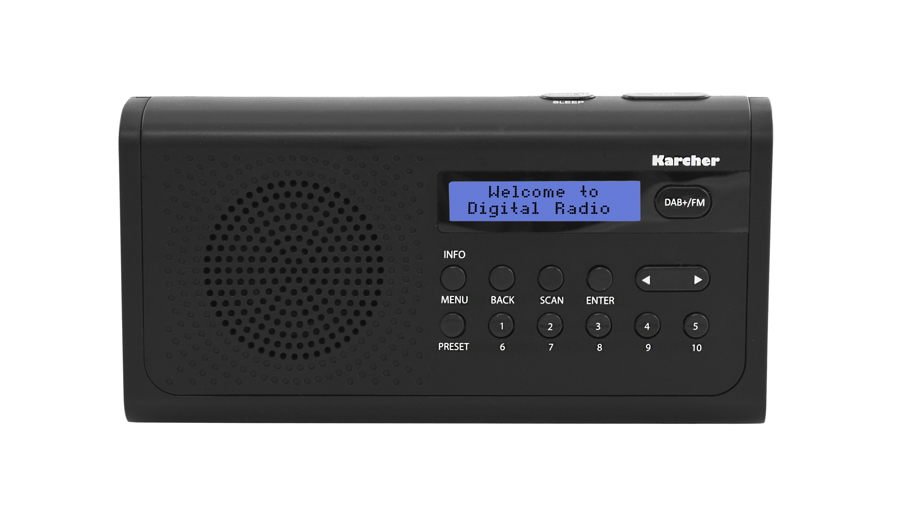 Radio Karcher noire avec écran numérique affichant du texte. Isolé sur fond blanc.