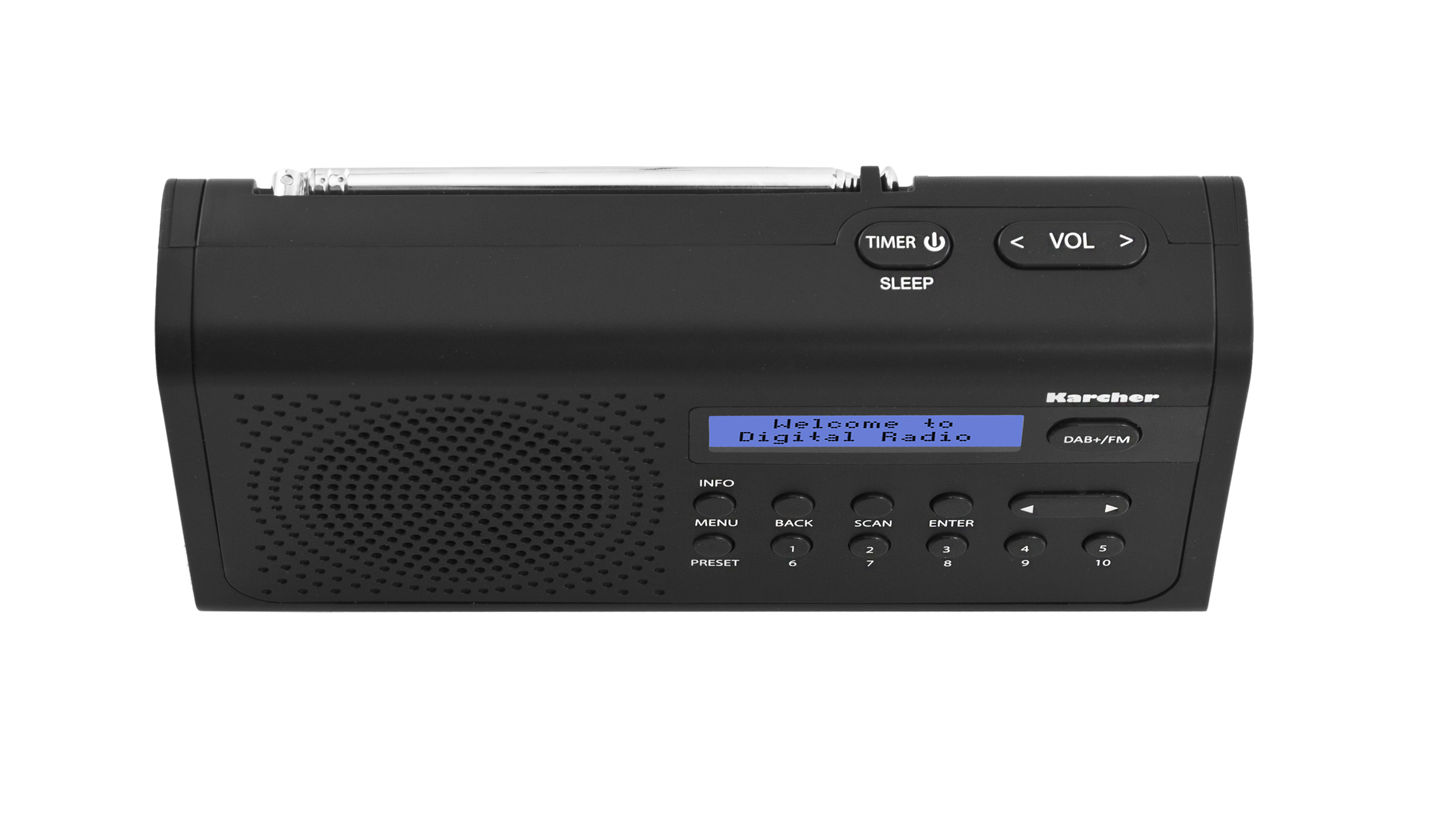 Schwarzes Digitalradio mit Knöpfen und Display. Der Text auf dem Display lautet 'Welcome to Digital Radio'.